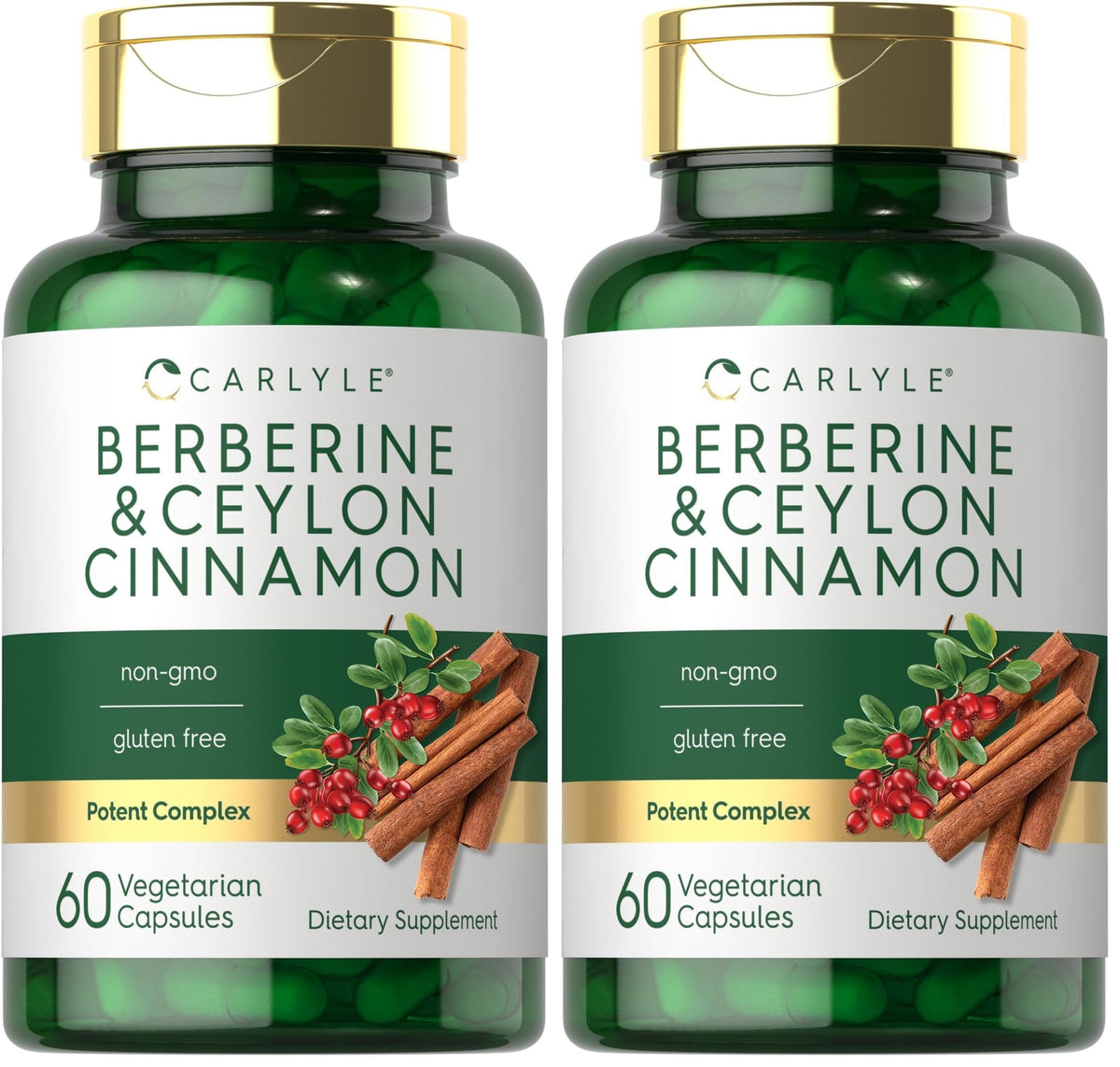 Carlyle Berberine with Ceylon Cinnamon bottle shows premium, high-potency formula.