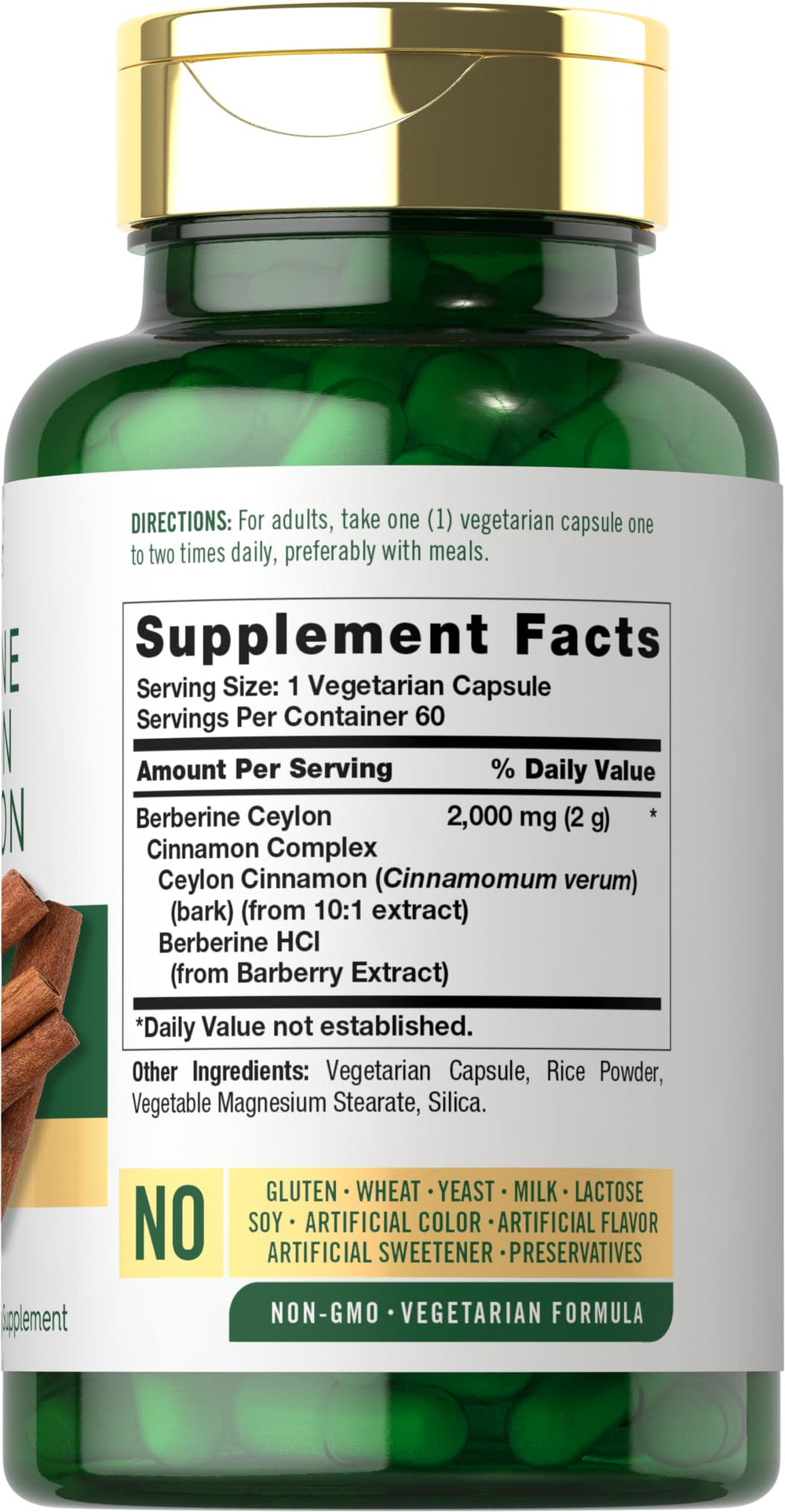 Carlyle Berberine Cinnamon capsules close-up showing convenient vegetarian formula.