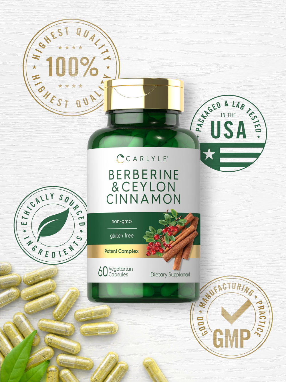 Carlyle Berberine Cinnamon capsules in hand for everyday use.