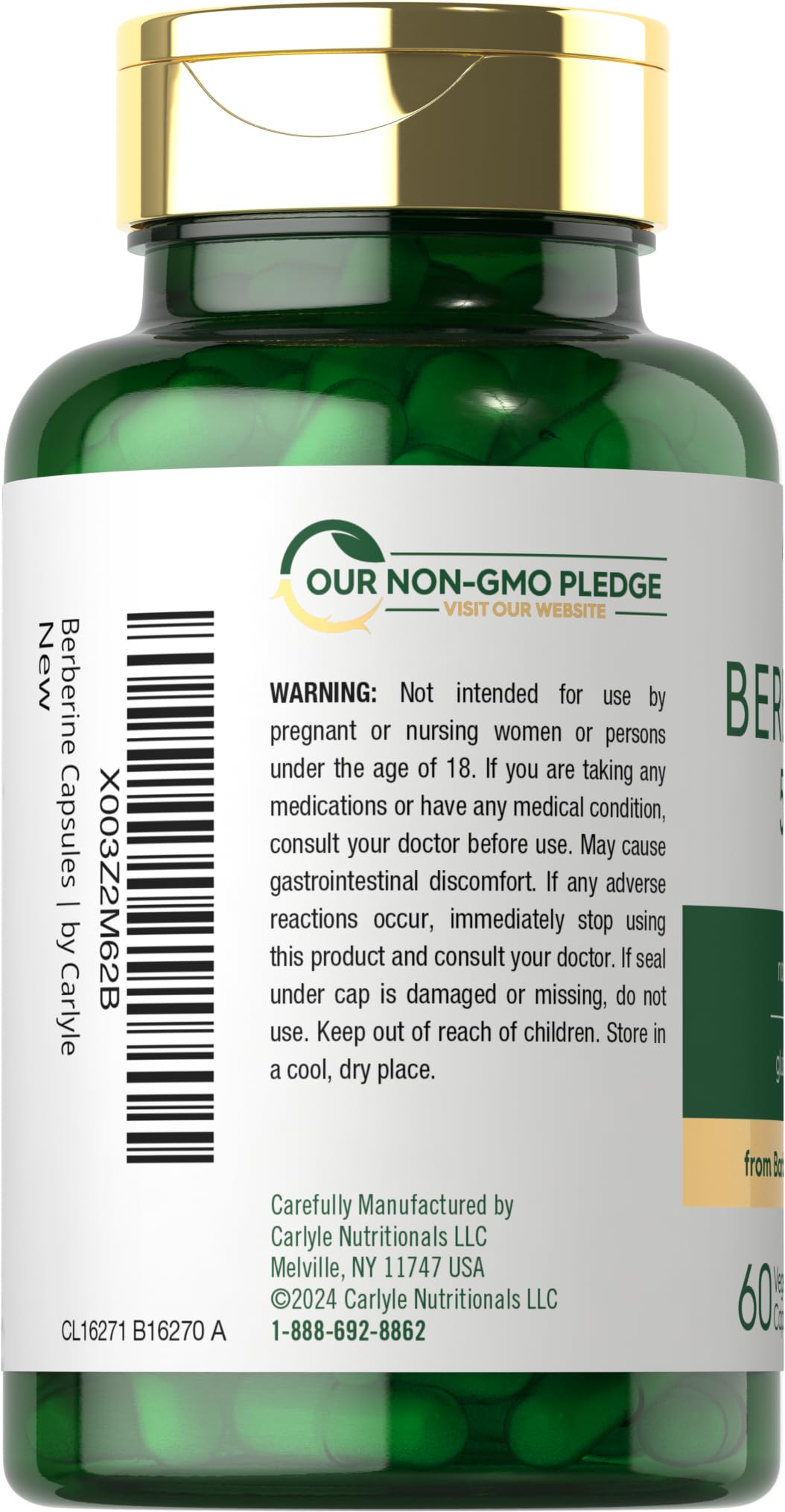 Carlyle Berberine HCL gluten-free packaging emphasizing non-GMO ingredients and purity.