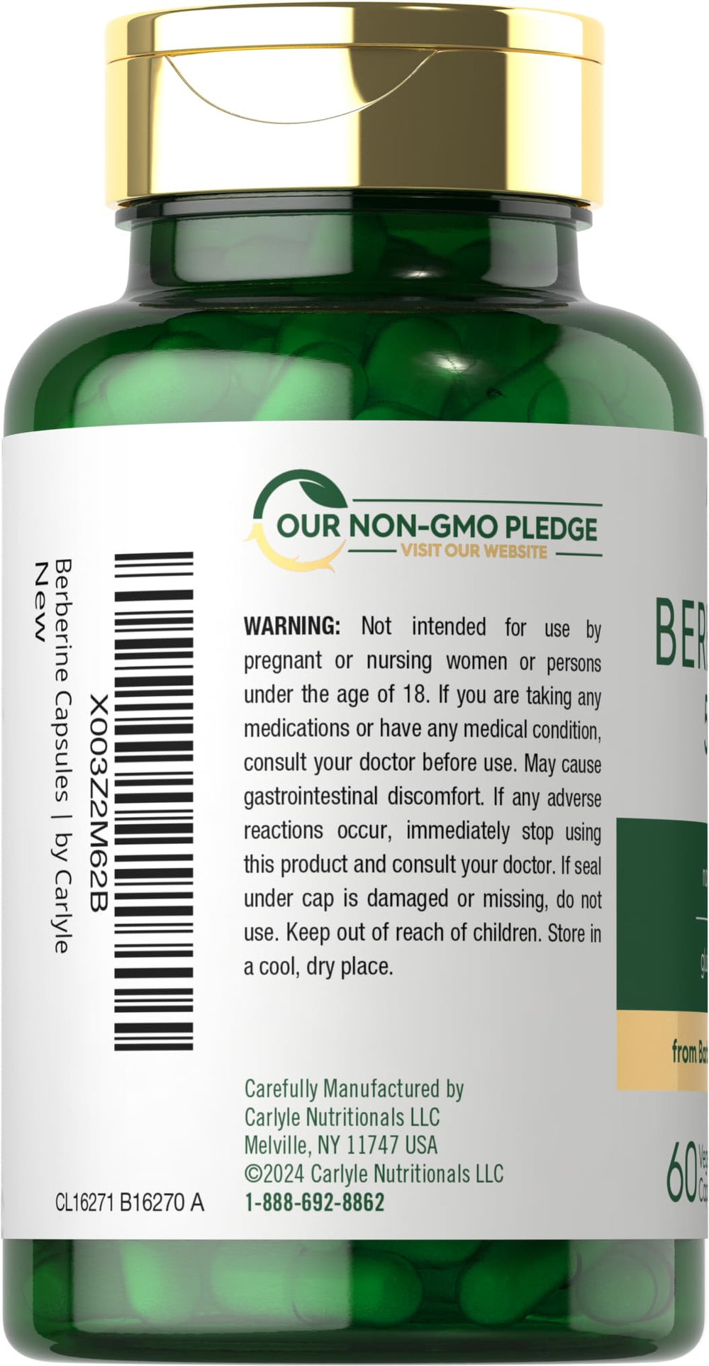 Carlyle Berberine HCL gluten-free packaging emphasizing non-GMO ingredients and purity.