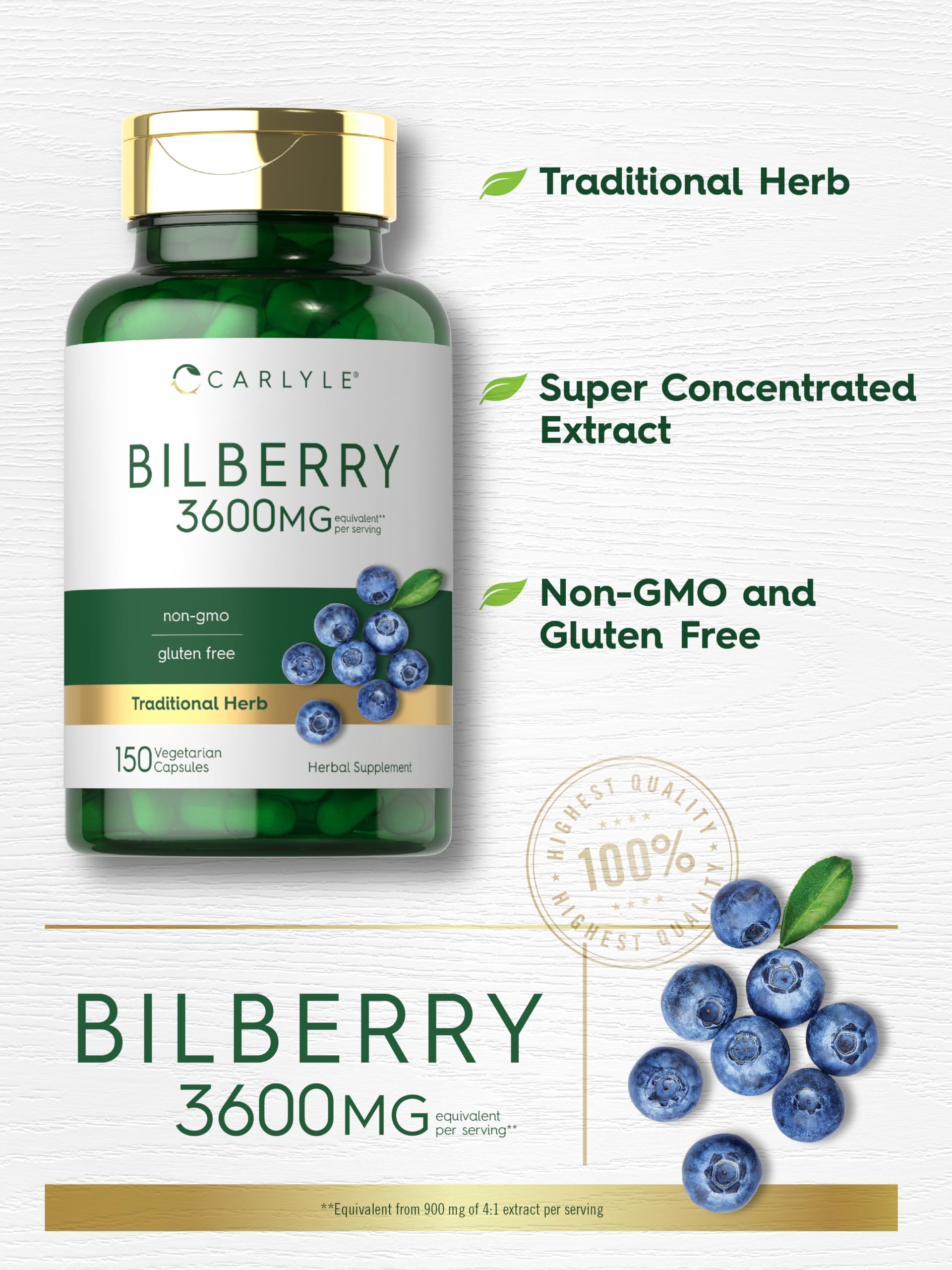 Carlyle Bilberry Extract Capsules shown with gluten-free and non-GMO icons.