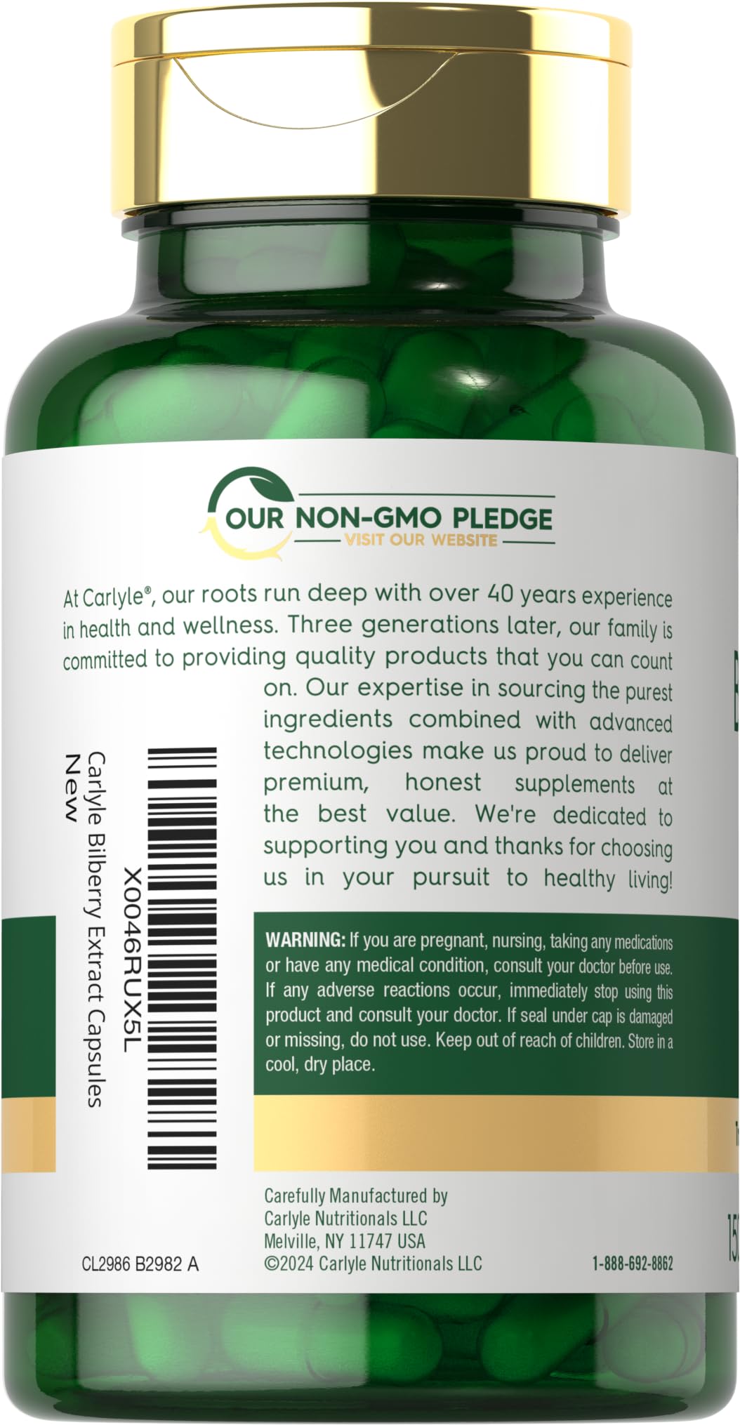 Carlyle Bilberry Extract Capsules label highlights vegetarian formula.