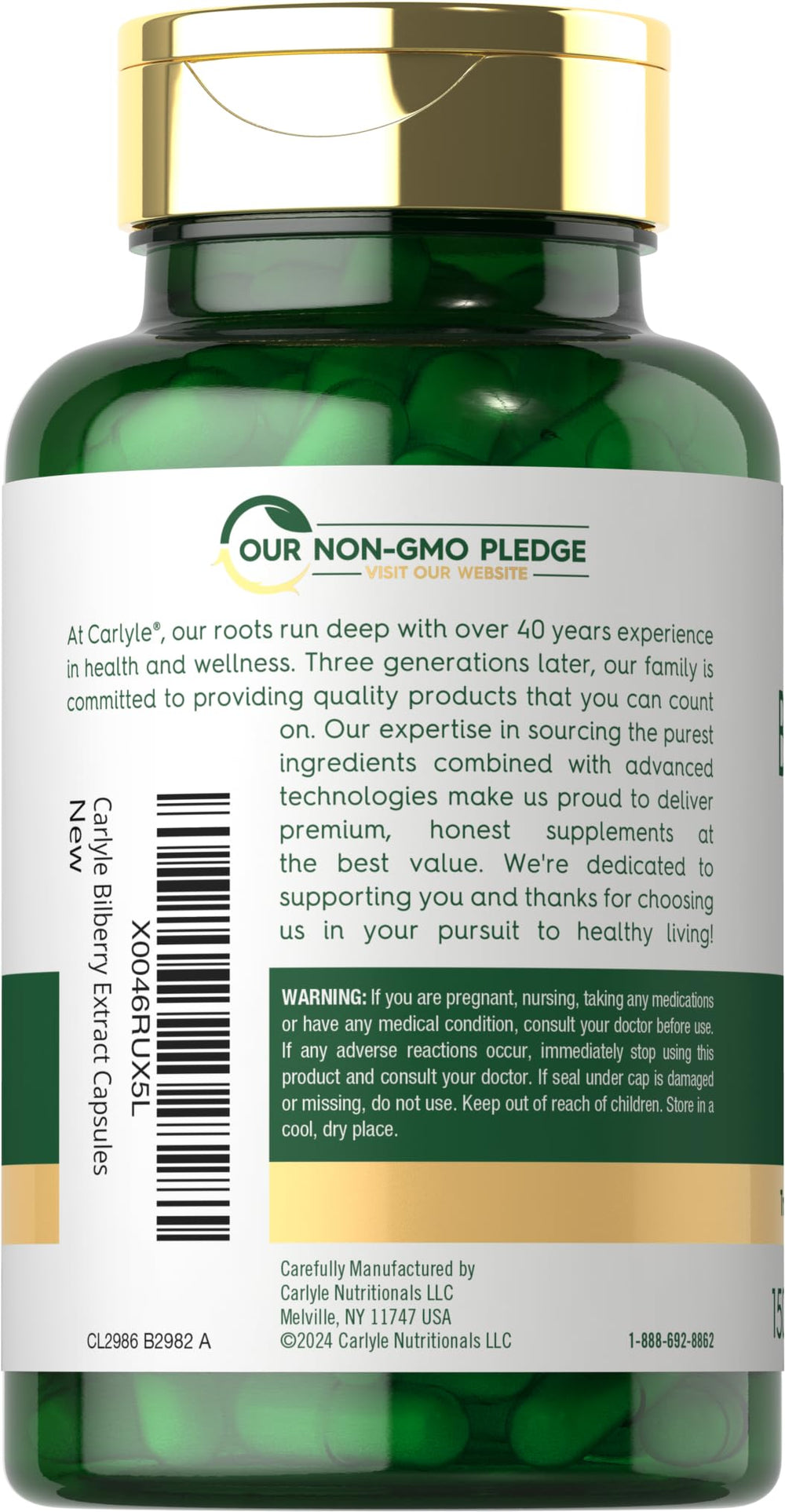 Carlyle Bilberry Extract Capsules label highlights vegetarian formula.