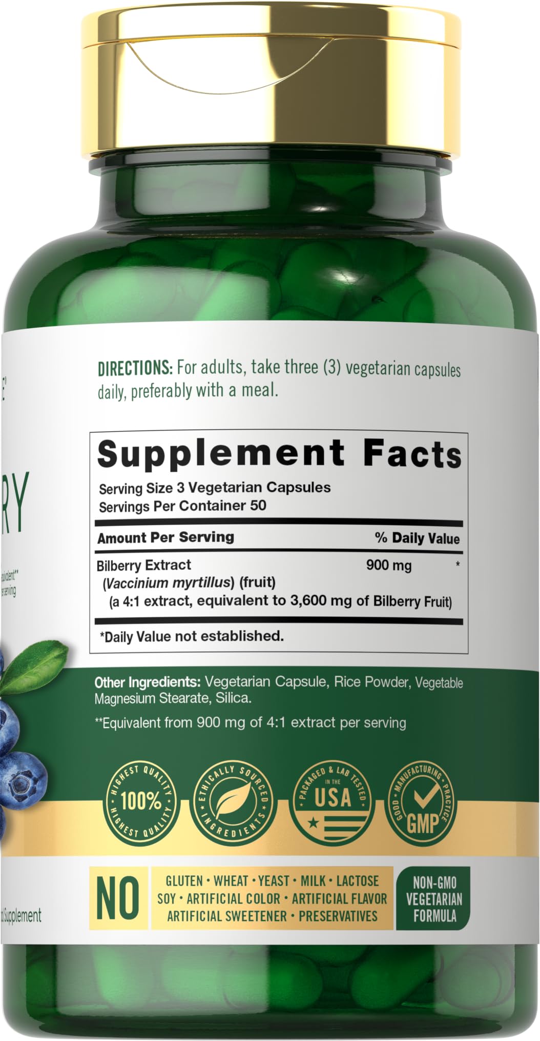 Close-up of Carlyle Bilberry Extract Capsules pouring from the bottle.