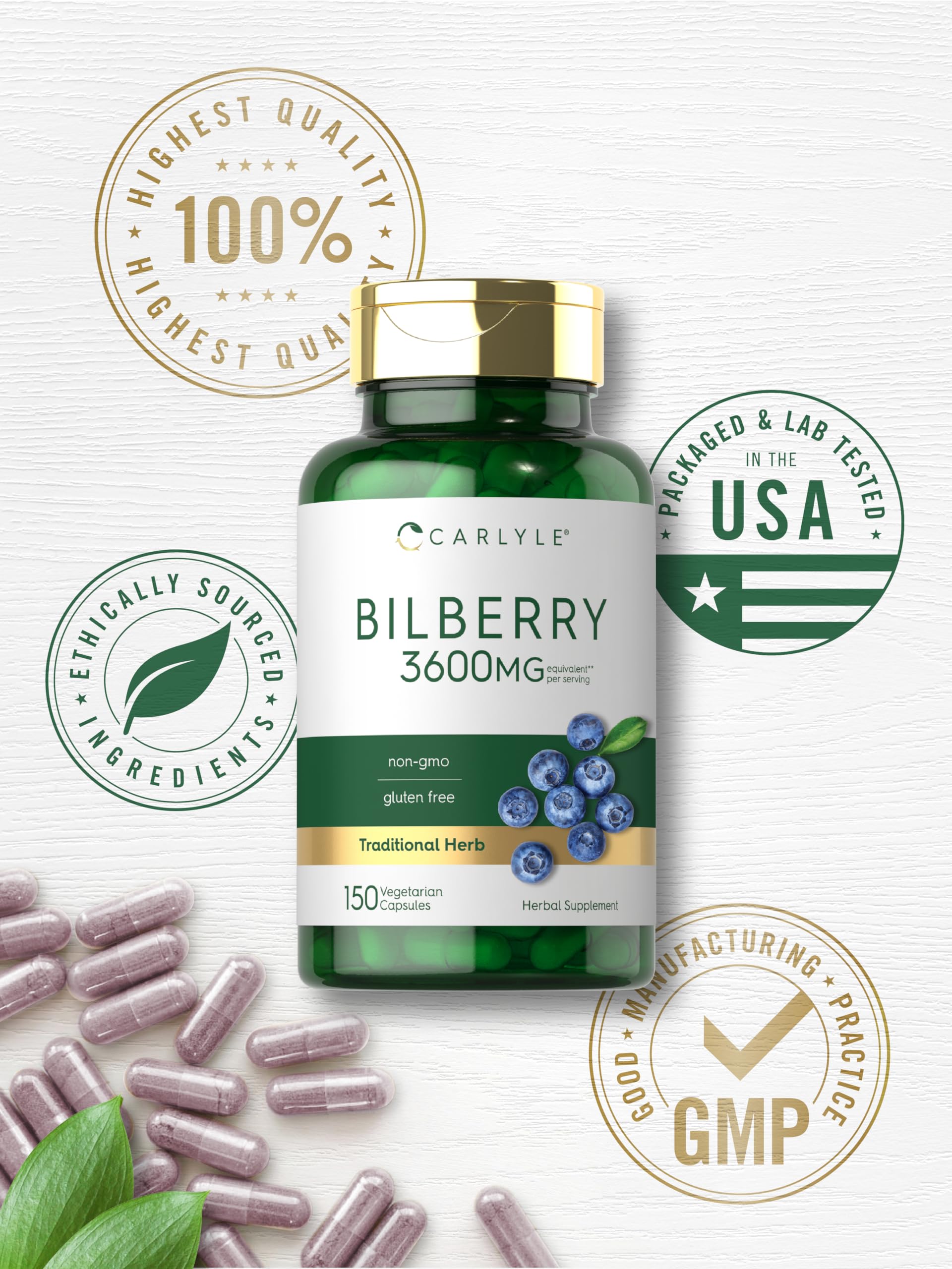 Carlyle Bilberry Extract Capsules arranged with glass of water.