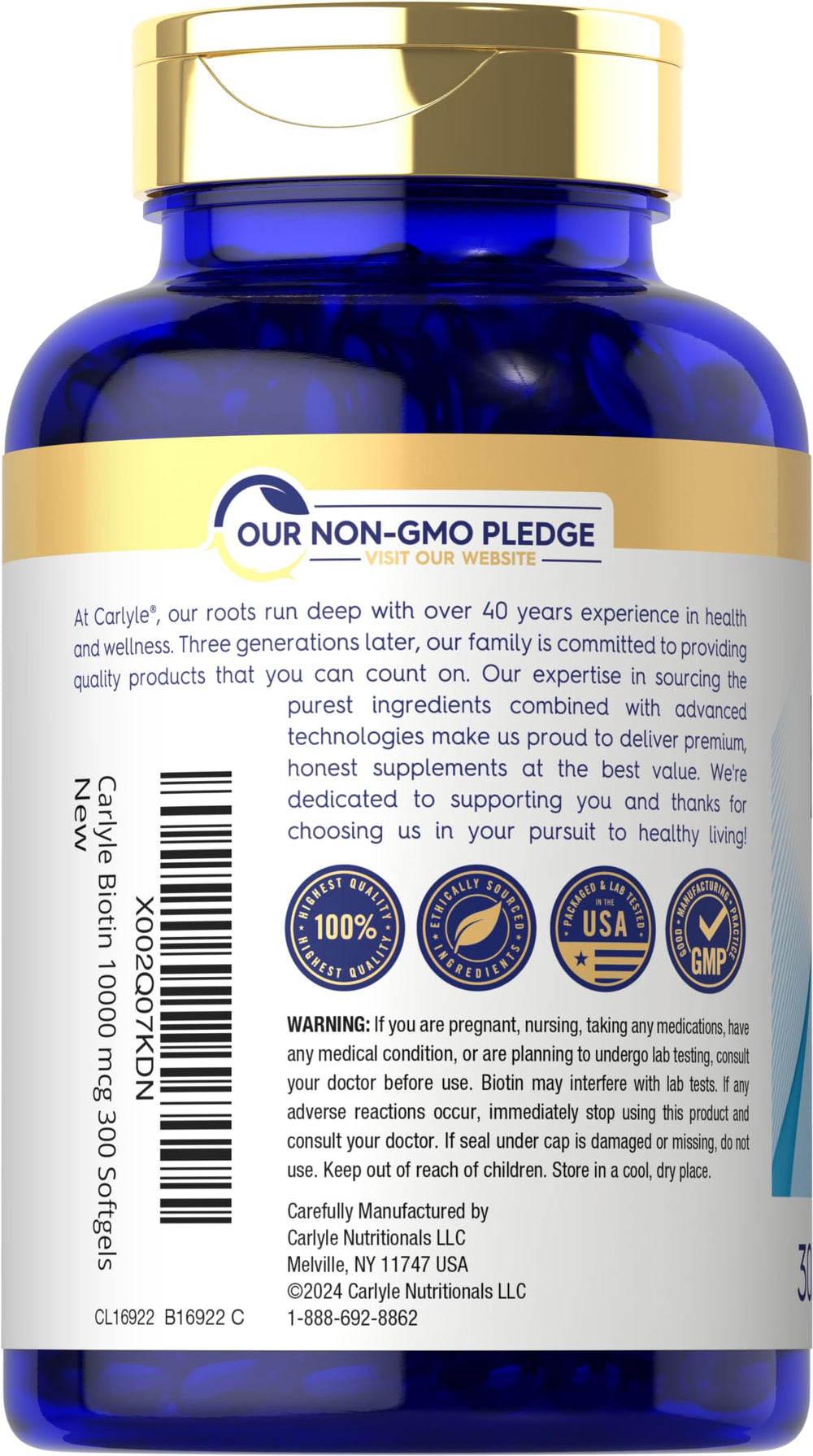 Carlyle Biotin 10000mcg softgels being poured for daily use.