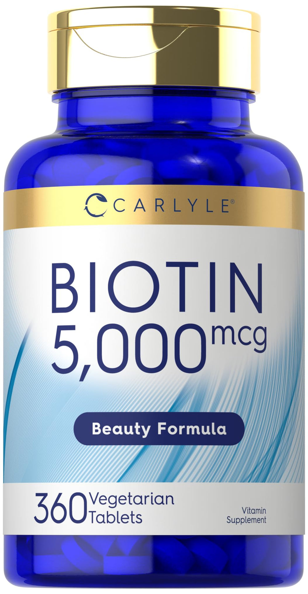 Carlyle Biotin 5000mcg bottle for high-potency daily beauty support.