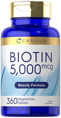 Carlyle Biotin 5000mcg bottle for high-potency daily beauty support.