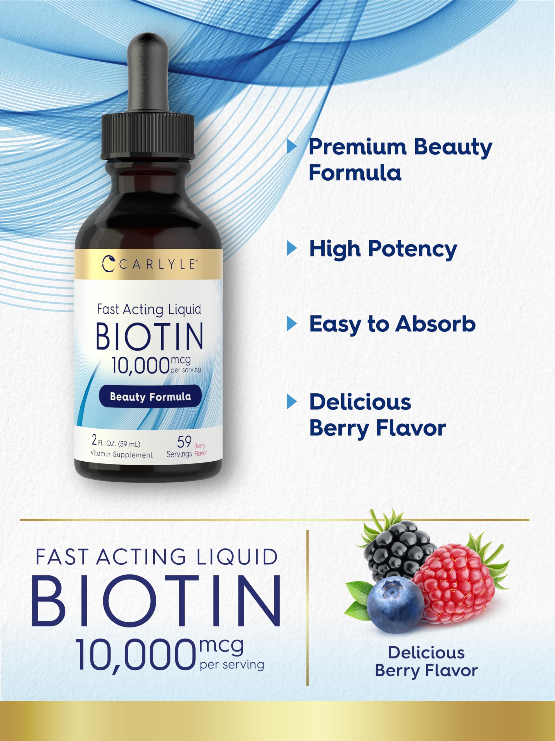 Carlyle Biotin drops bottle and label close-up.