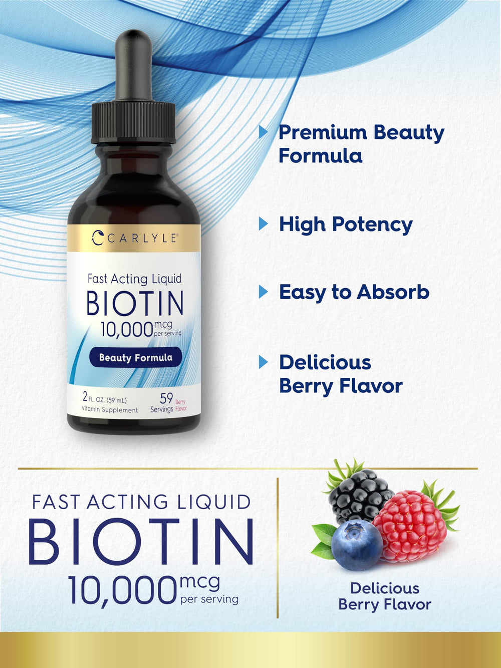 Carlyle Biotin drops bottle and label close-up.