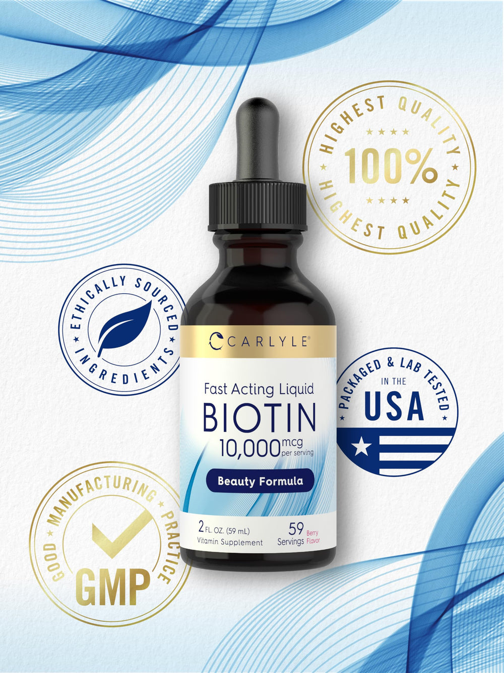 Carlyle Biotin drops packaging on a store shelf.