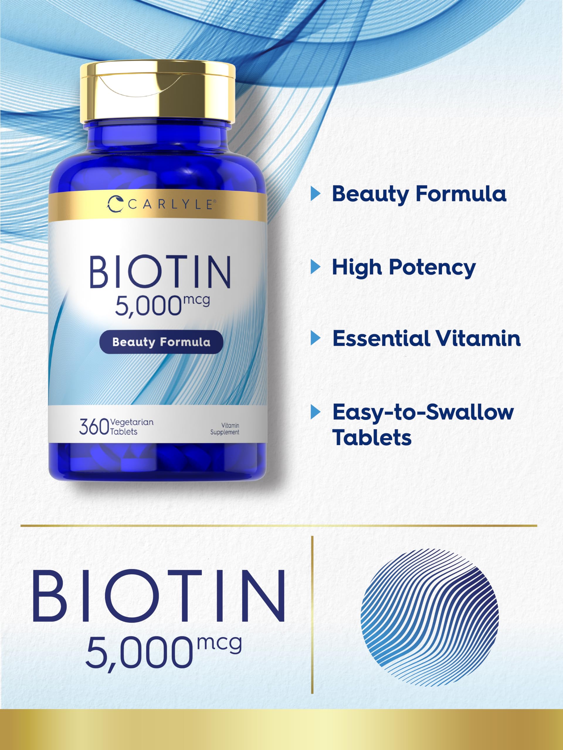 Carlyle Biotin gluten-free label shown on clean packaging.