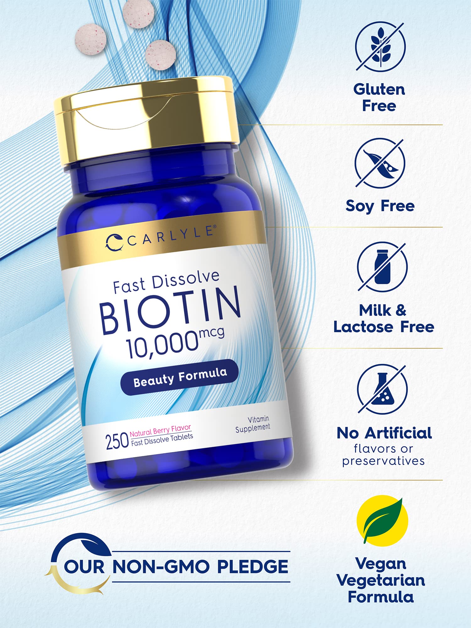 Carlyle Biotin gluten-free non-GMO badge on bottle.