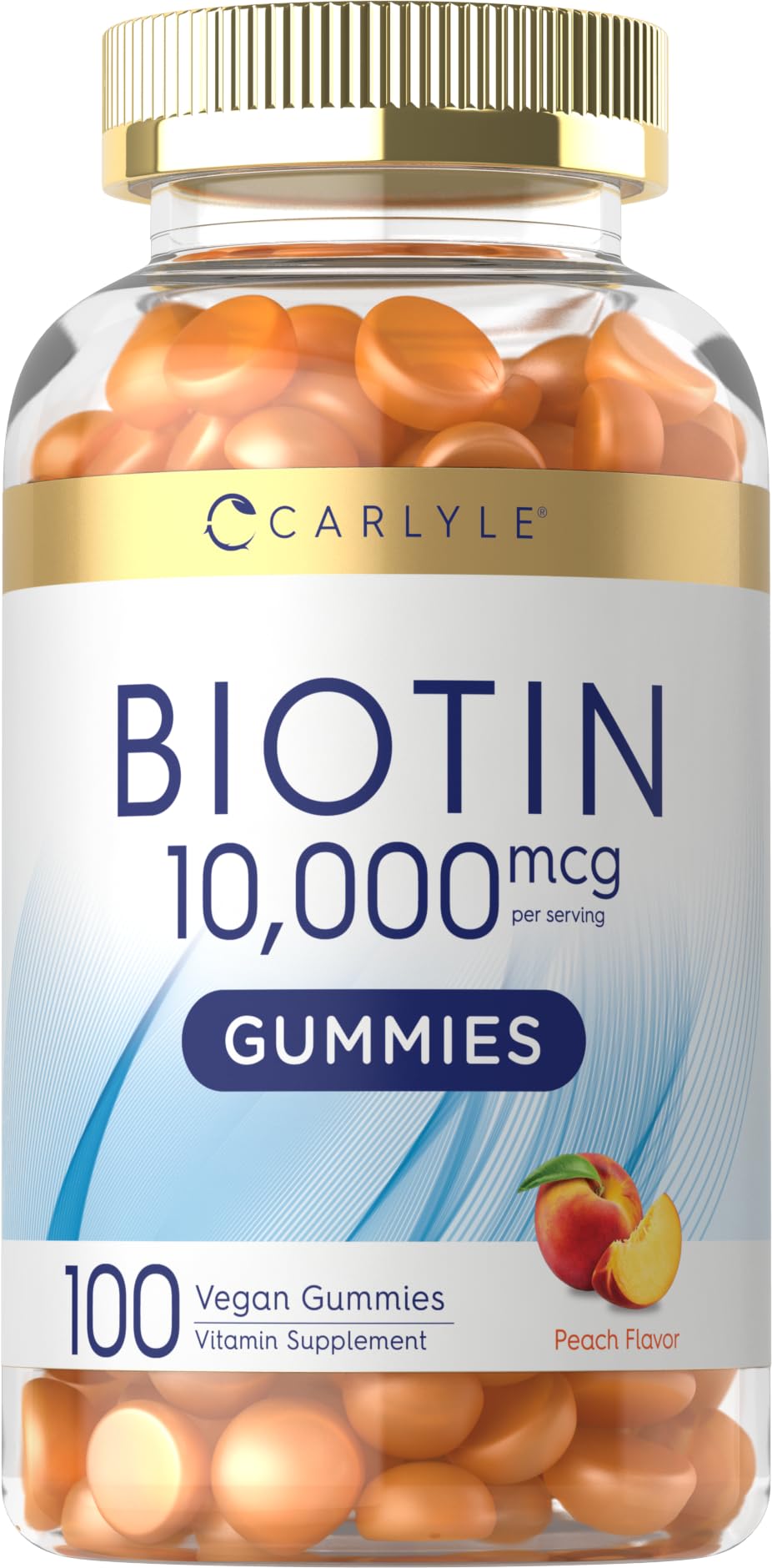 Carlyle Biotin Gummies 10000mcg peach bottle for daily support of healthy hair and nails.