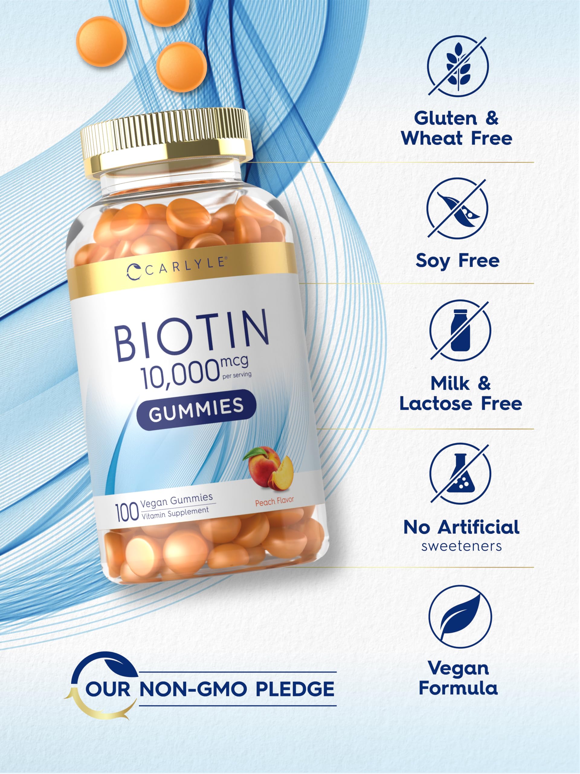 Carlyle Biotin Gummies gluten-free icon closeup for allergen-conscious shoppers.