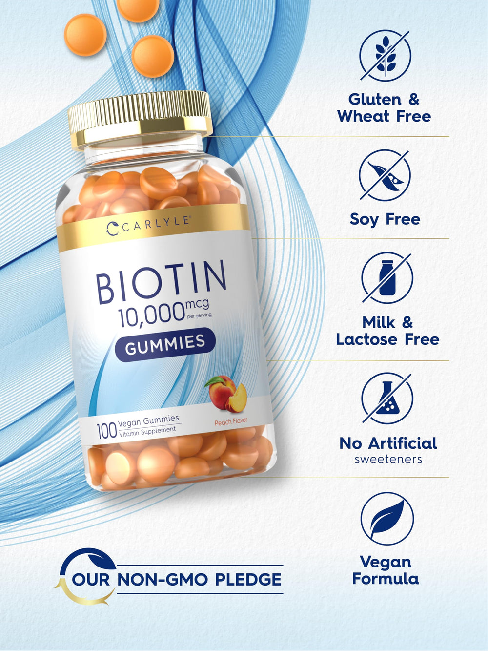 Carlyle Biotin Gummies gluten-free icon closeup for allergen-conscious shoppers.