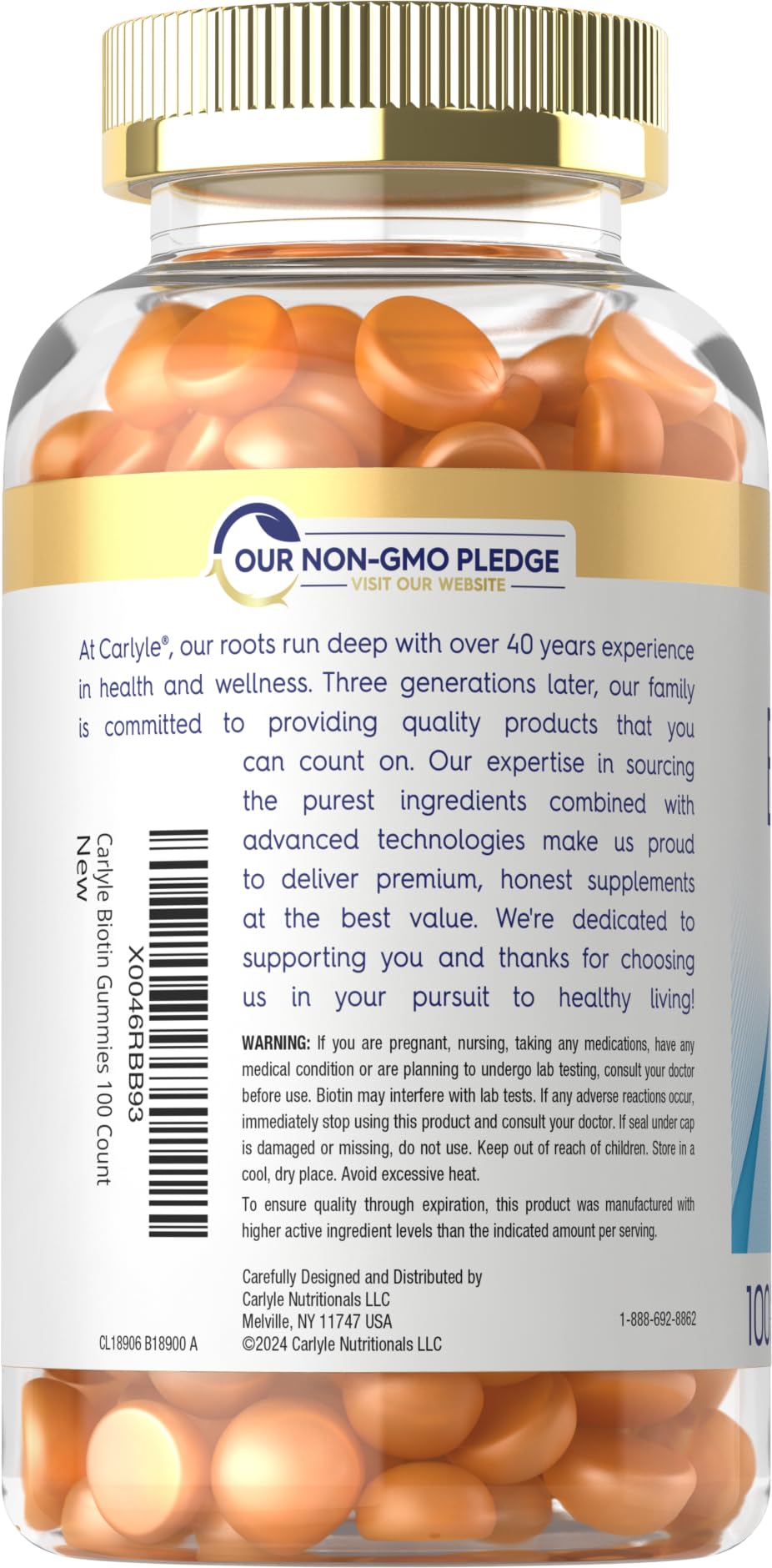 Carlyle Biotin Gummies ingredients label view emphasizing quality and transparency.
