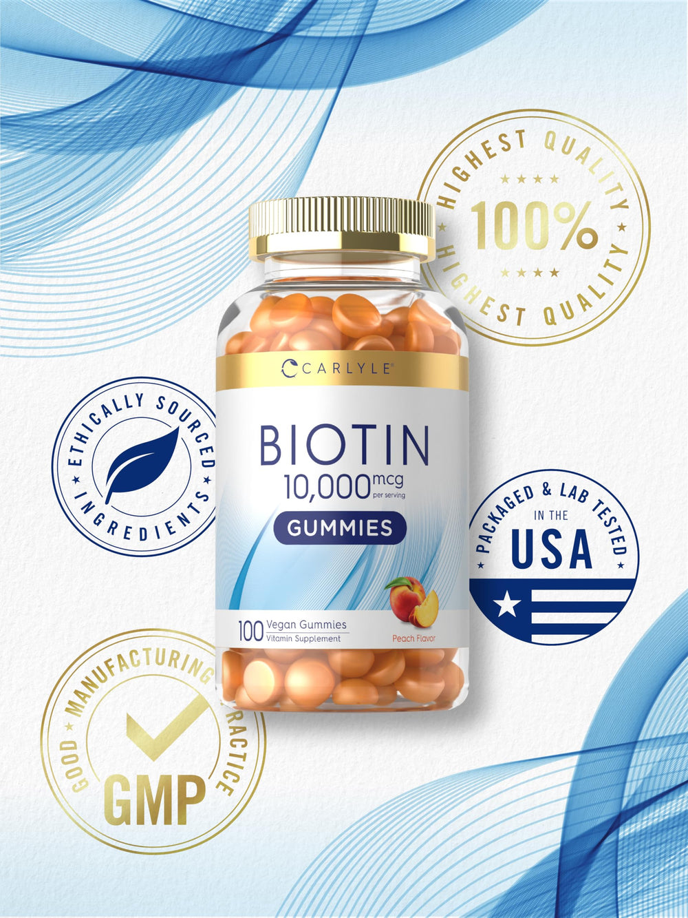 Carlyle Biotin Gummies non-GMO seal highlighting clean nutrition.