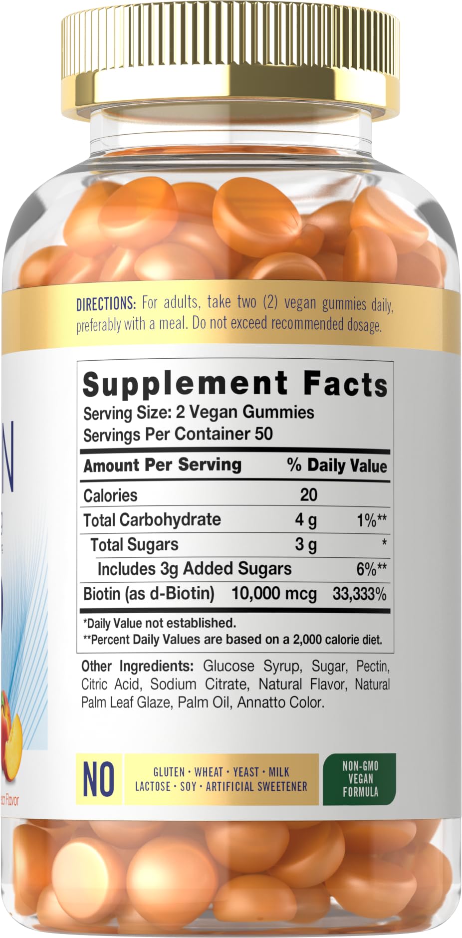 Carlyle Biotin Gummies peach-flavor closeup highlighting vegan formula.