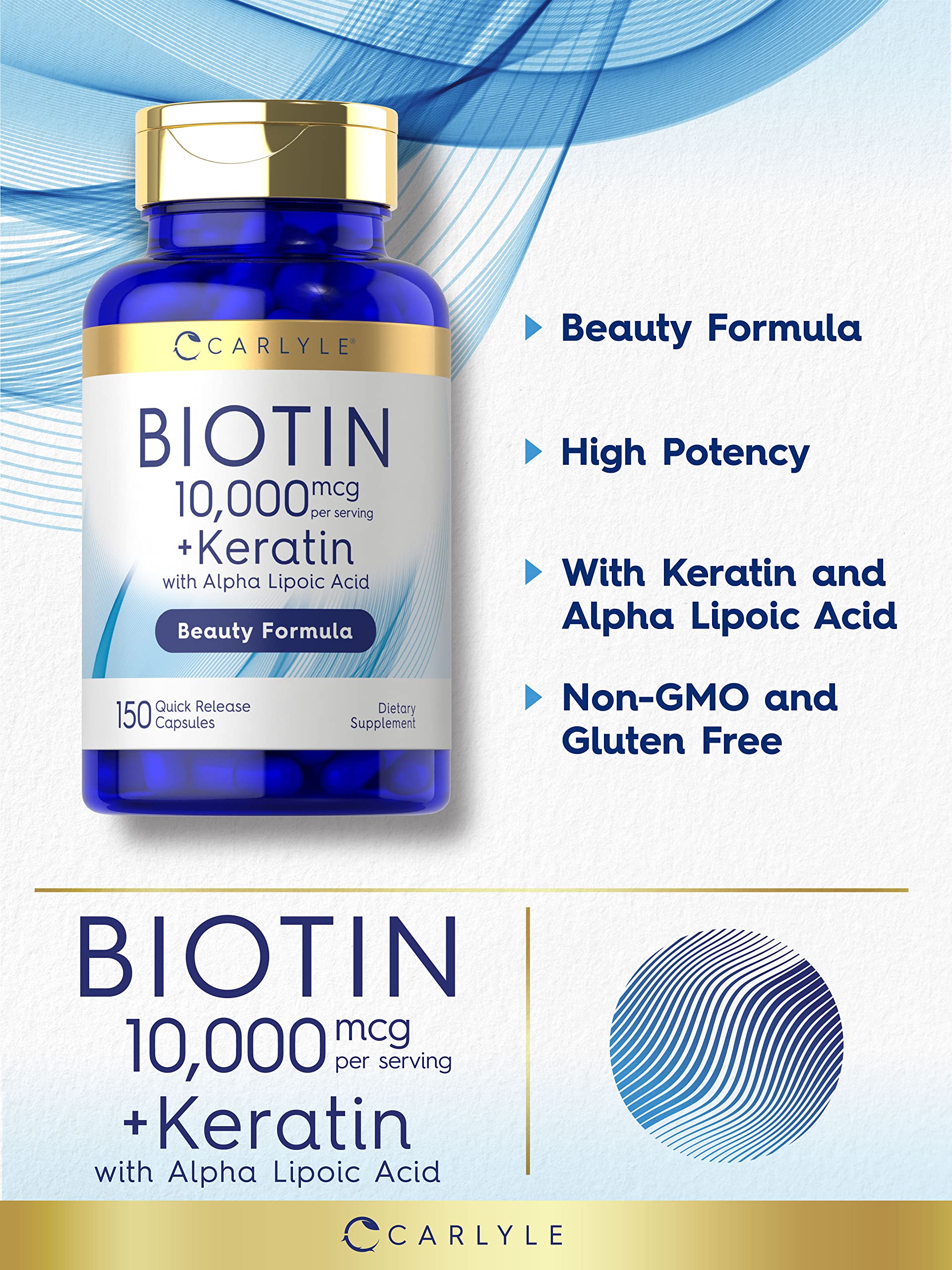 Carlyle Biotin 10000mcg capsules on a clean surface, gluten-free supplement
