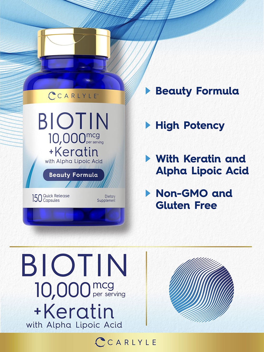 Carlyle Biotin 10000mcg capsules on a clean surface, gluten-free supplement