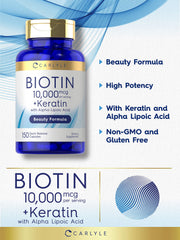 Carlyle Biotin 10000mcg capsules on a clean surface, gluten-free supplement