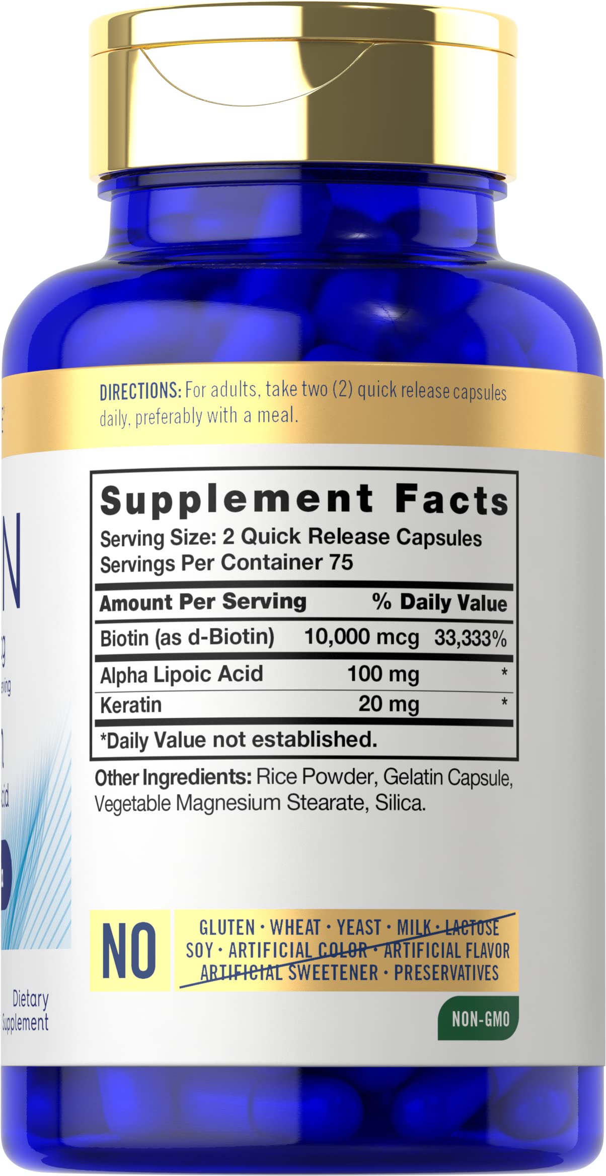 Close-up of Carlyle Biotin bottle label showing keratin beauty formula