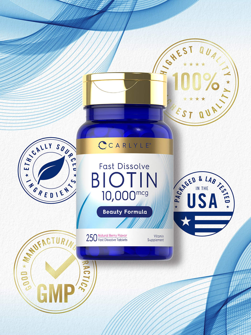 Carlyle Biotin lab-tested ingredients seal on packaging.