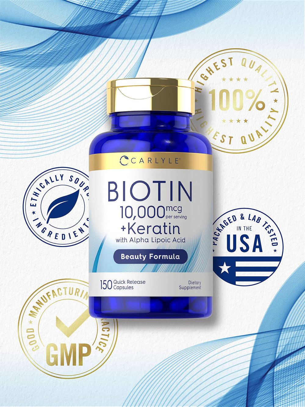 Carlyle Biotin packaging box shown with clear design and label