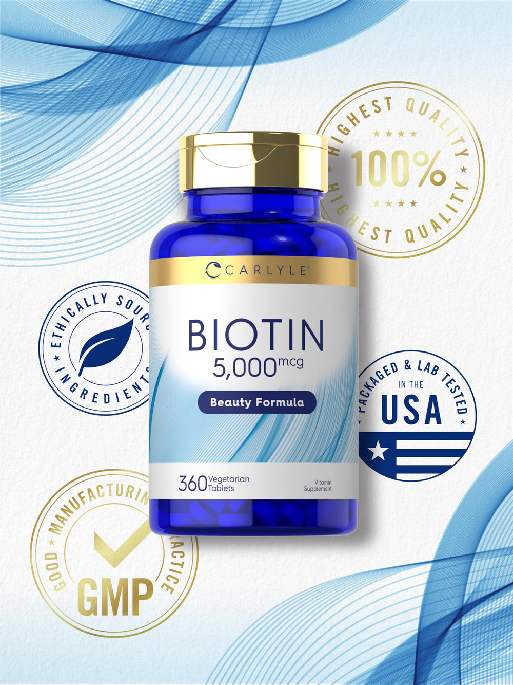 Carlyle Biotin tablet closeup highlights compact daily dosage.
