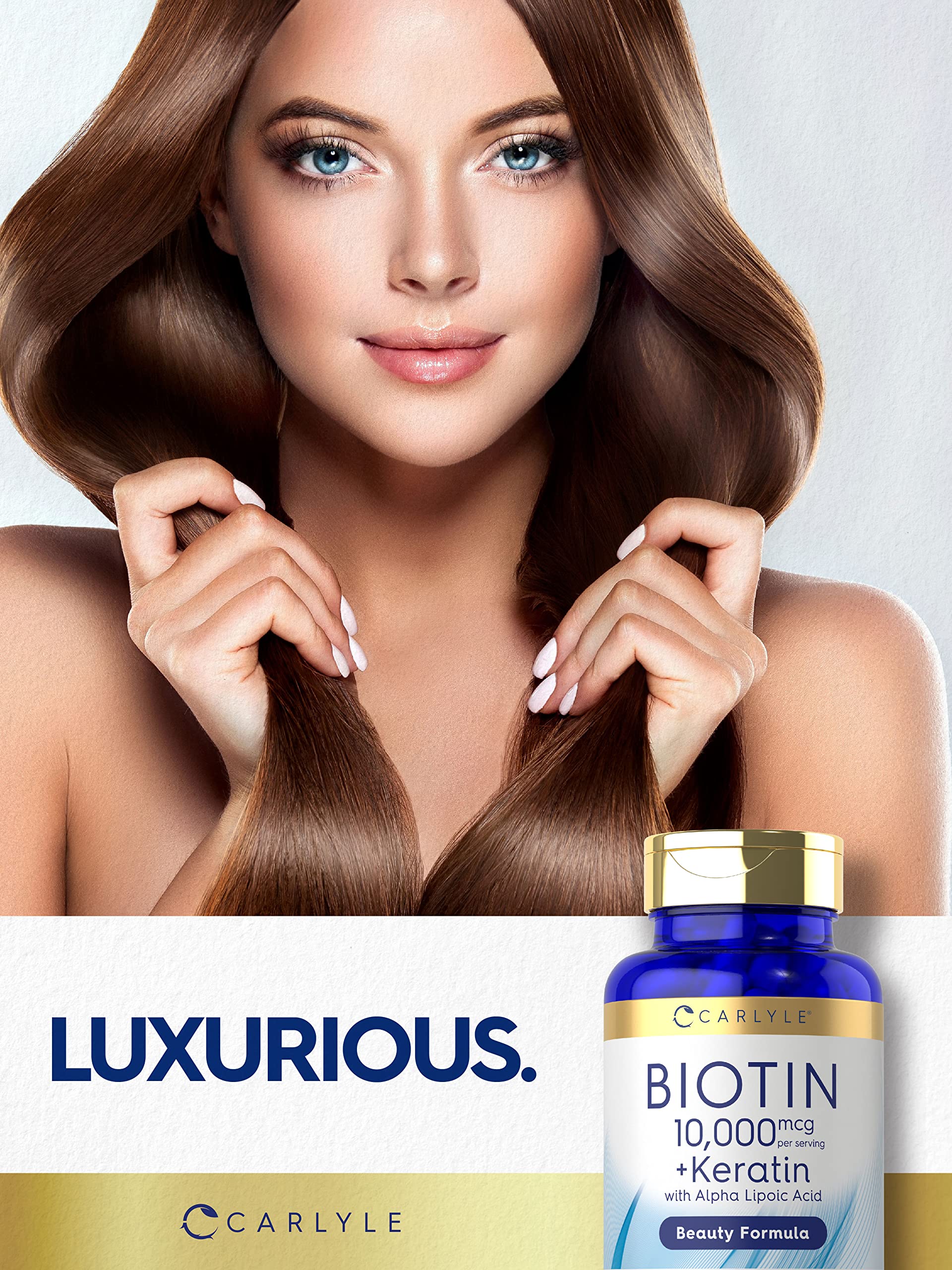 Carlyle Biotin bottle on vanity, daily wellness reminder