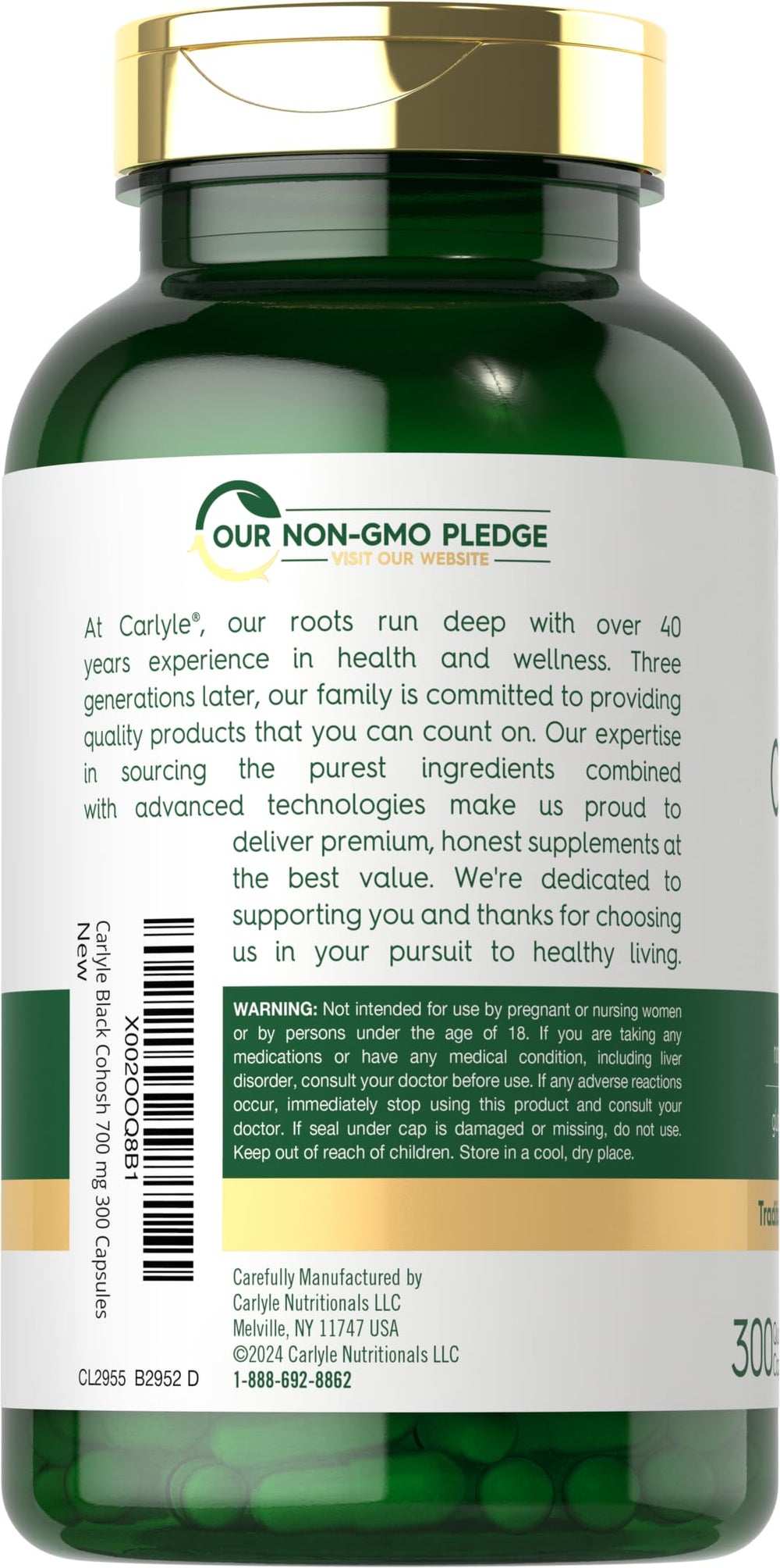 Carlyle Black Cohosh bottle on shelf: gluten-free, non-GMO formulation emphasized.