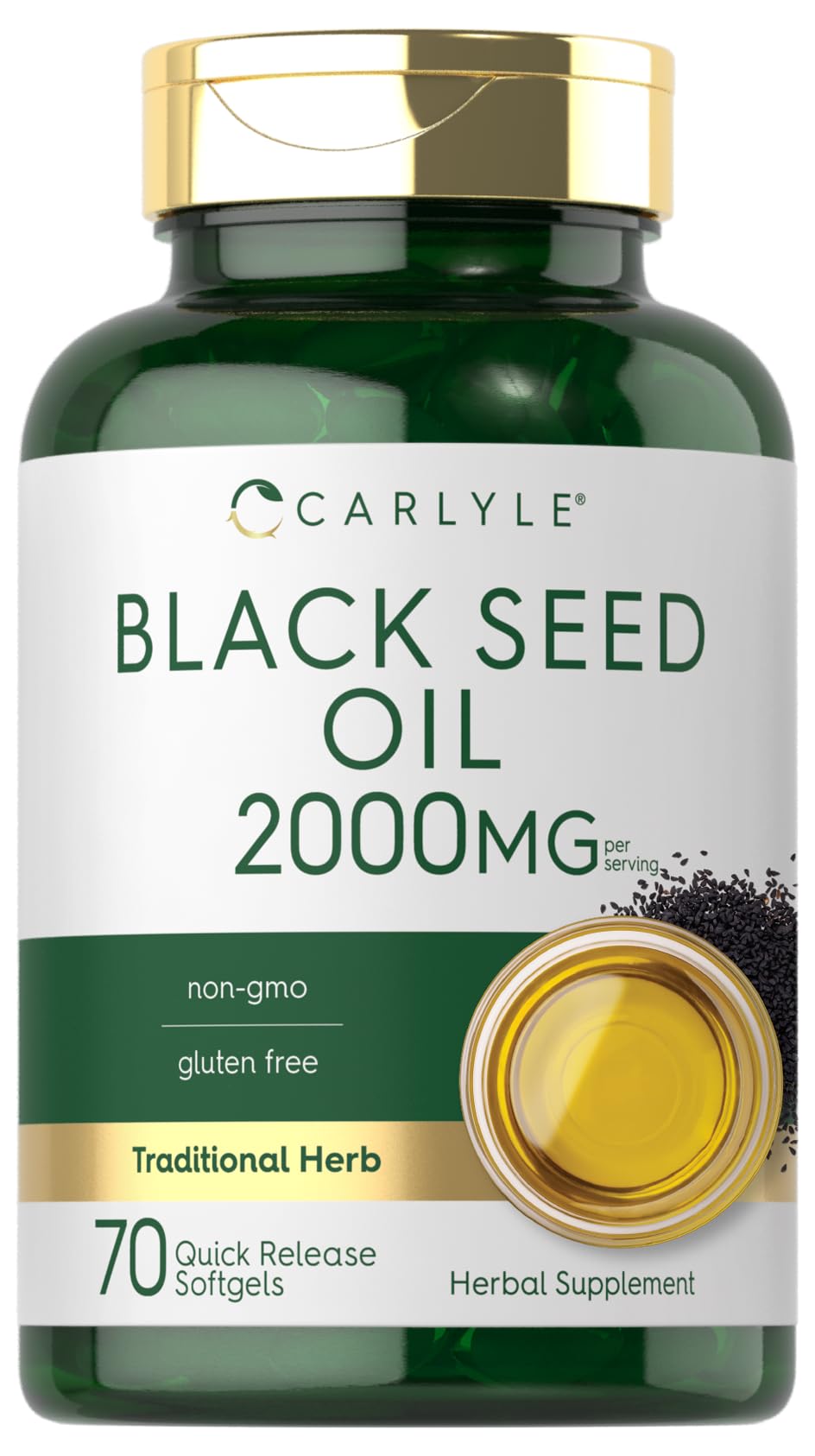 Carlyle Black Seed Oil softgel bottle showing 2000 mg strength for daily support.