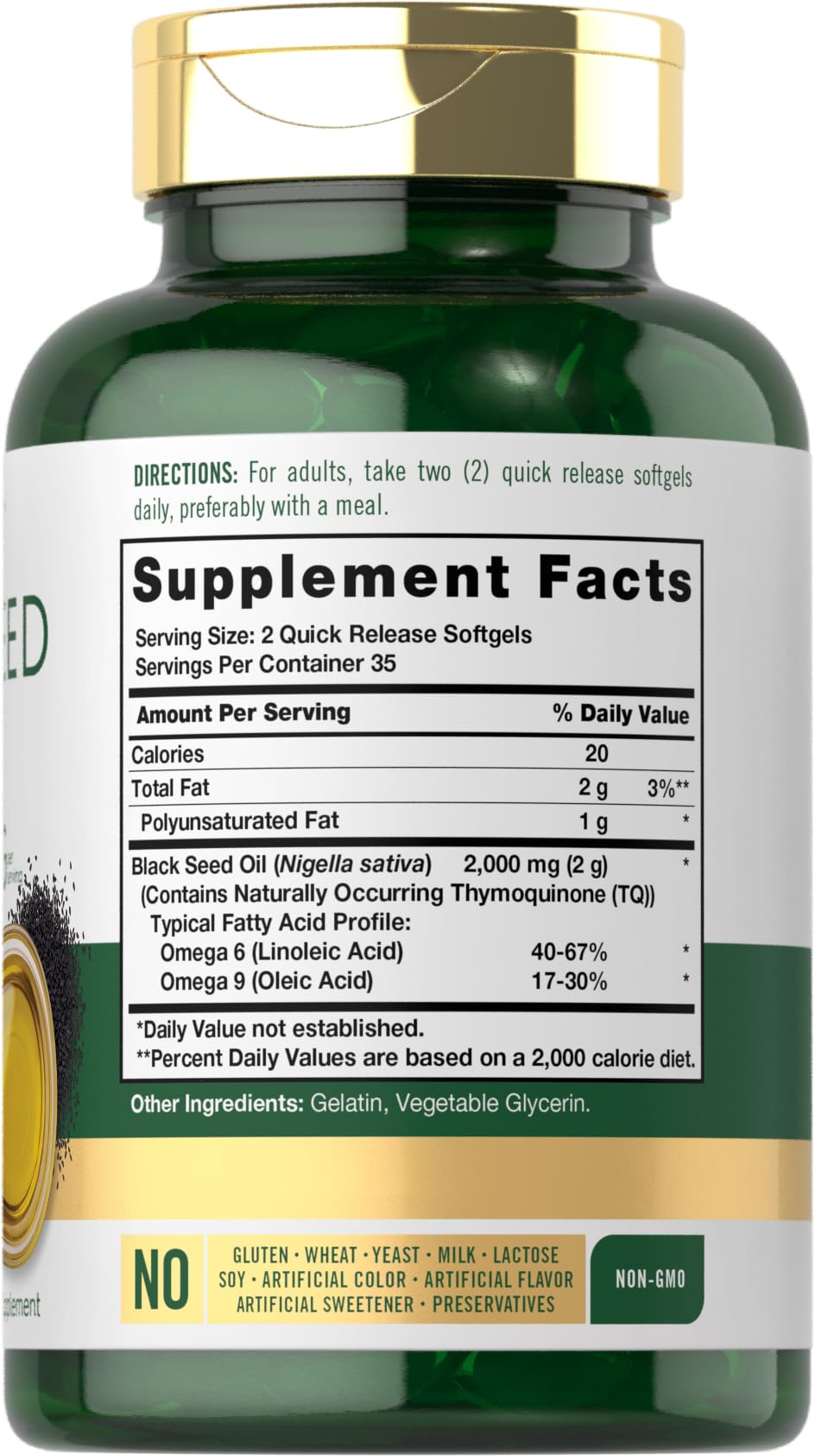 Carlyle Black Seed Oil ingredients label highlighting Omega 6 and 9 content.