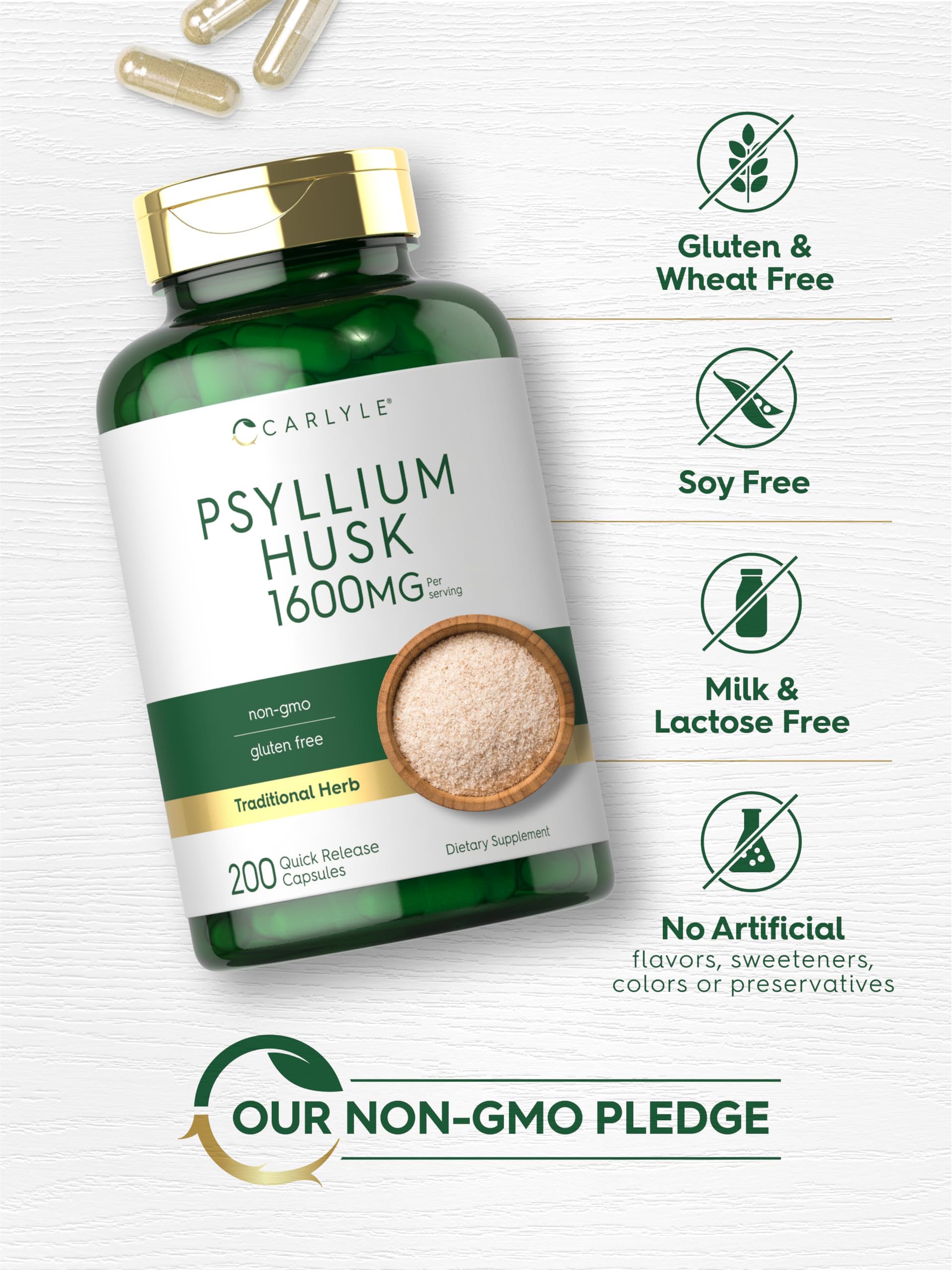 Carlyle psyllium bottle on kitchen counter for daily fiber routine.
