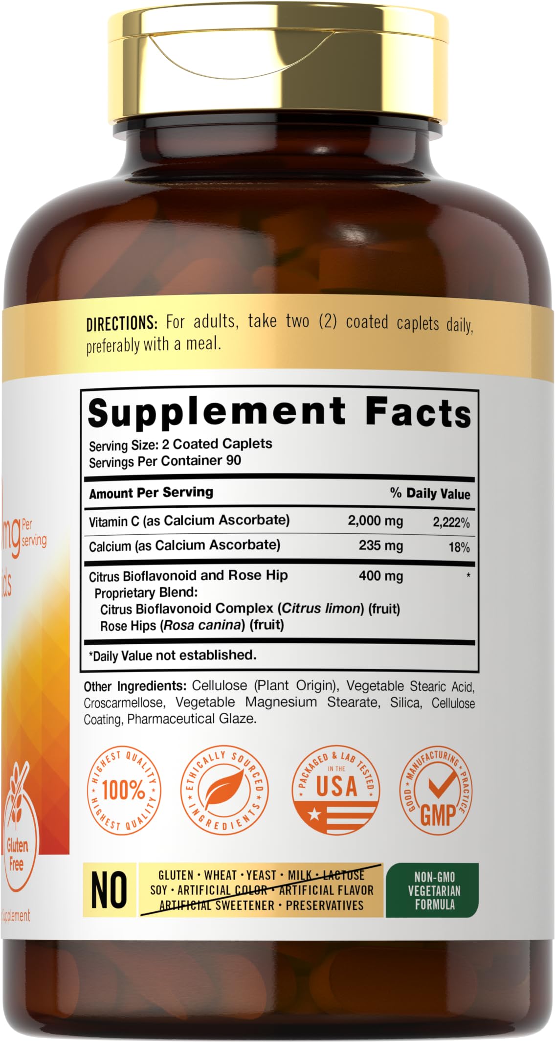 Carlyle Buffered Vitamin C 2000 mg bottle back label showing ingredients