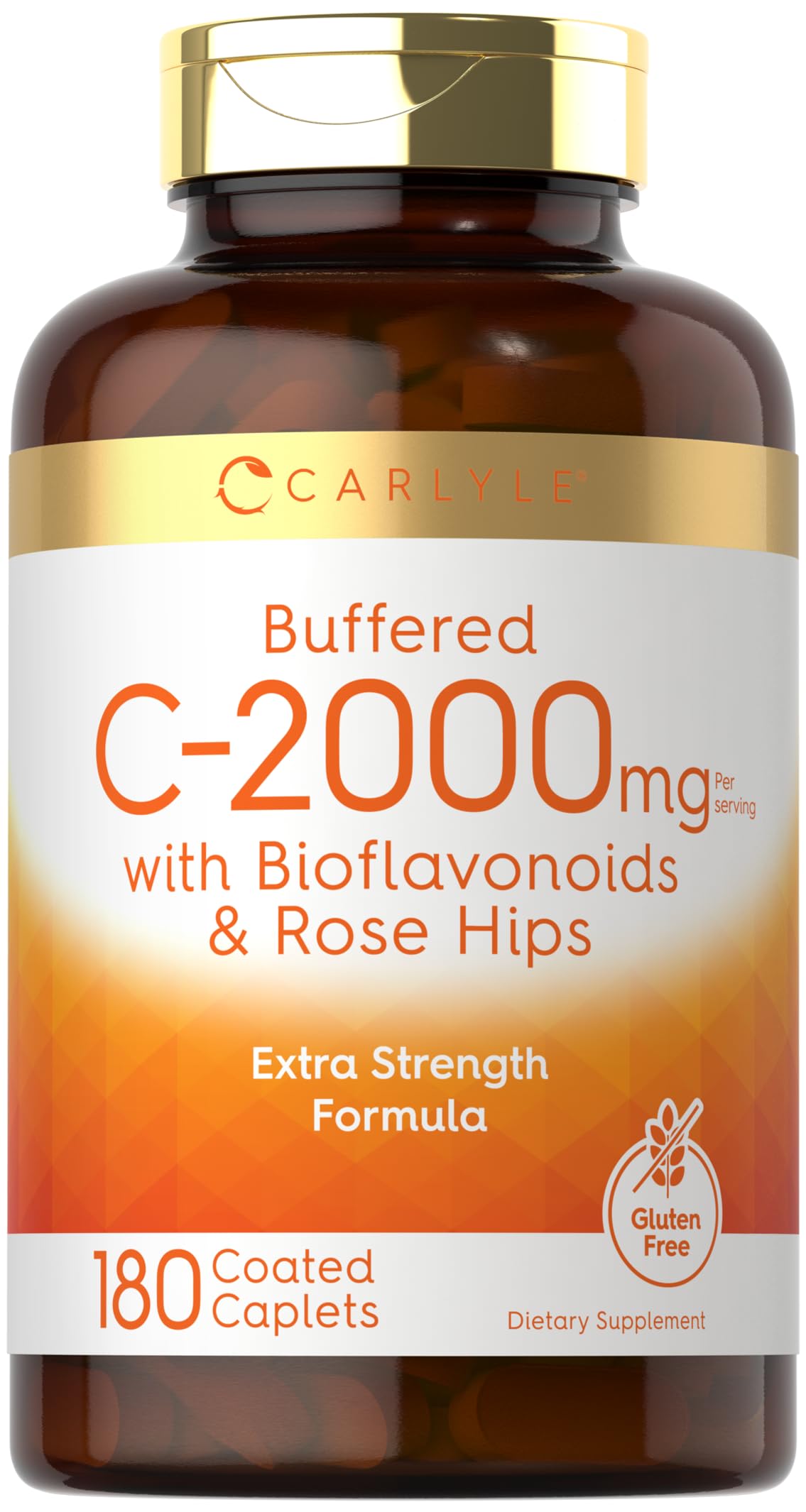 Carlyle Buffered Vitamin C 2000 mg bottle front with gentle-coated caplets