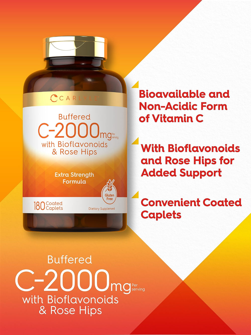 Carlyle Buffered Vitamin C 2000 mg caplets closeup with smooth coating