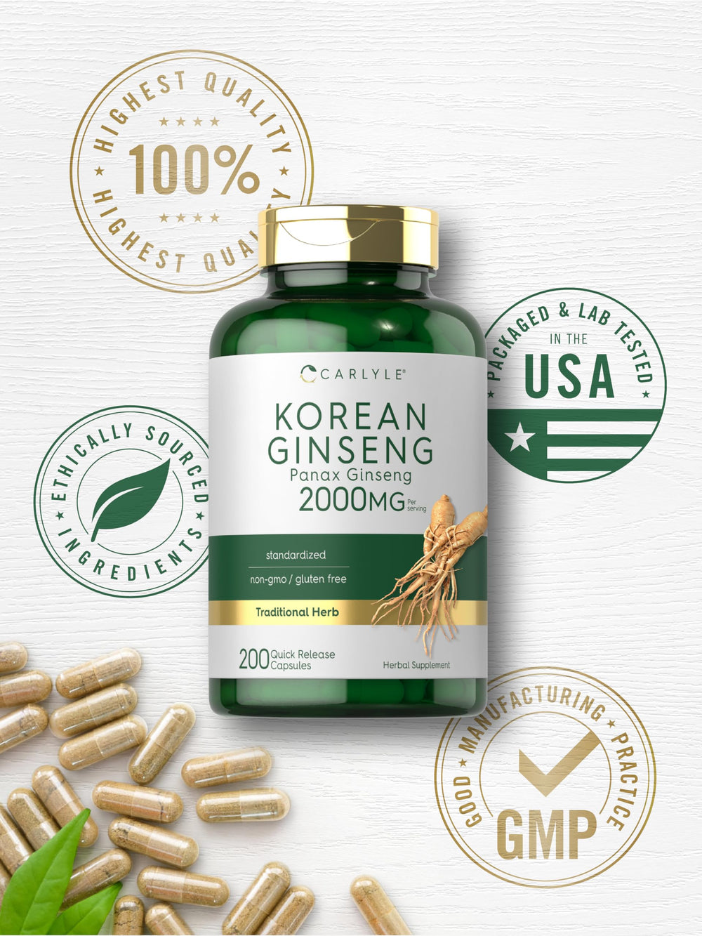 Carlyle Korean Ginseng bottle on shelf with dosage information.