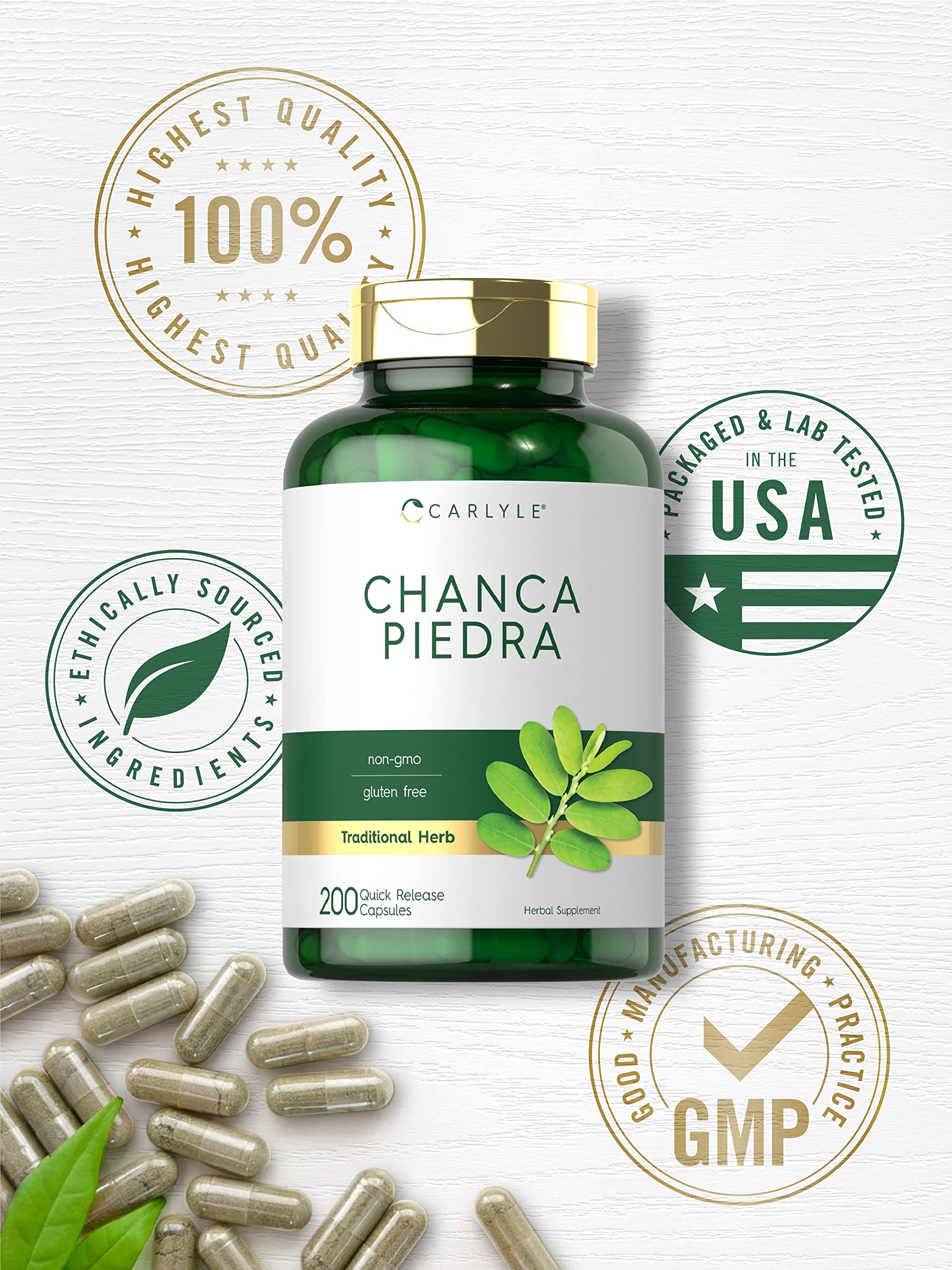 Carlyle Chanca Piedra bottle back label, explains ingredients and non-GMO status.