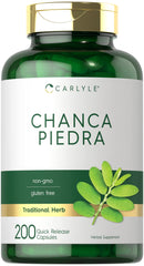 Carlyle Chanca Piedra 200 capsules bottle front, gluten-free and non-GMO for clean herbal use.