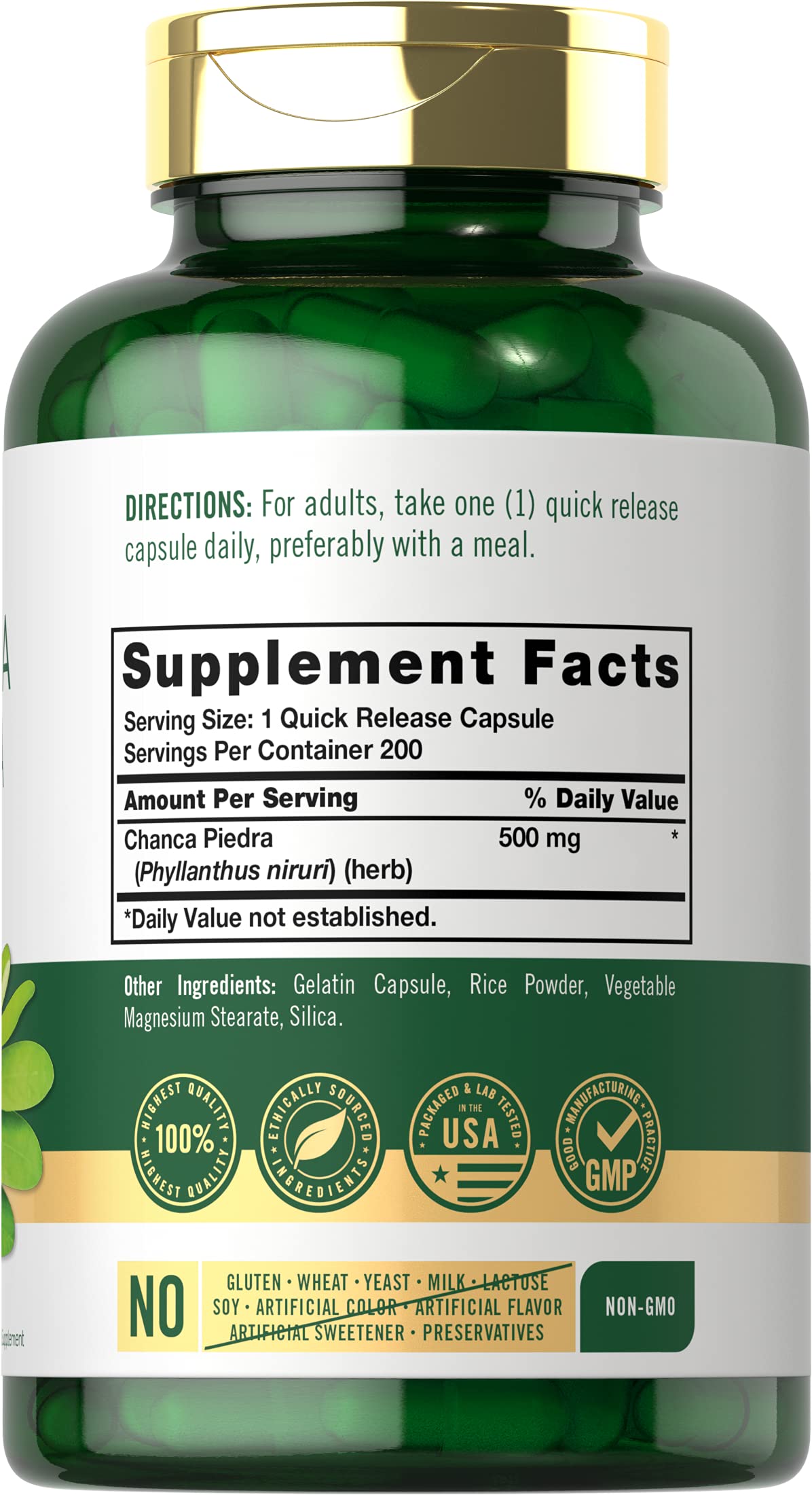 Carlyle Chanca Piedra 200 capsules inside bottle, shows cap release for easy daily dosing.