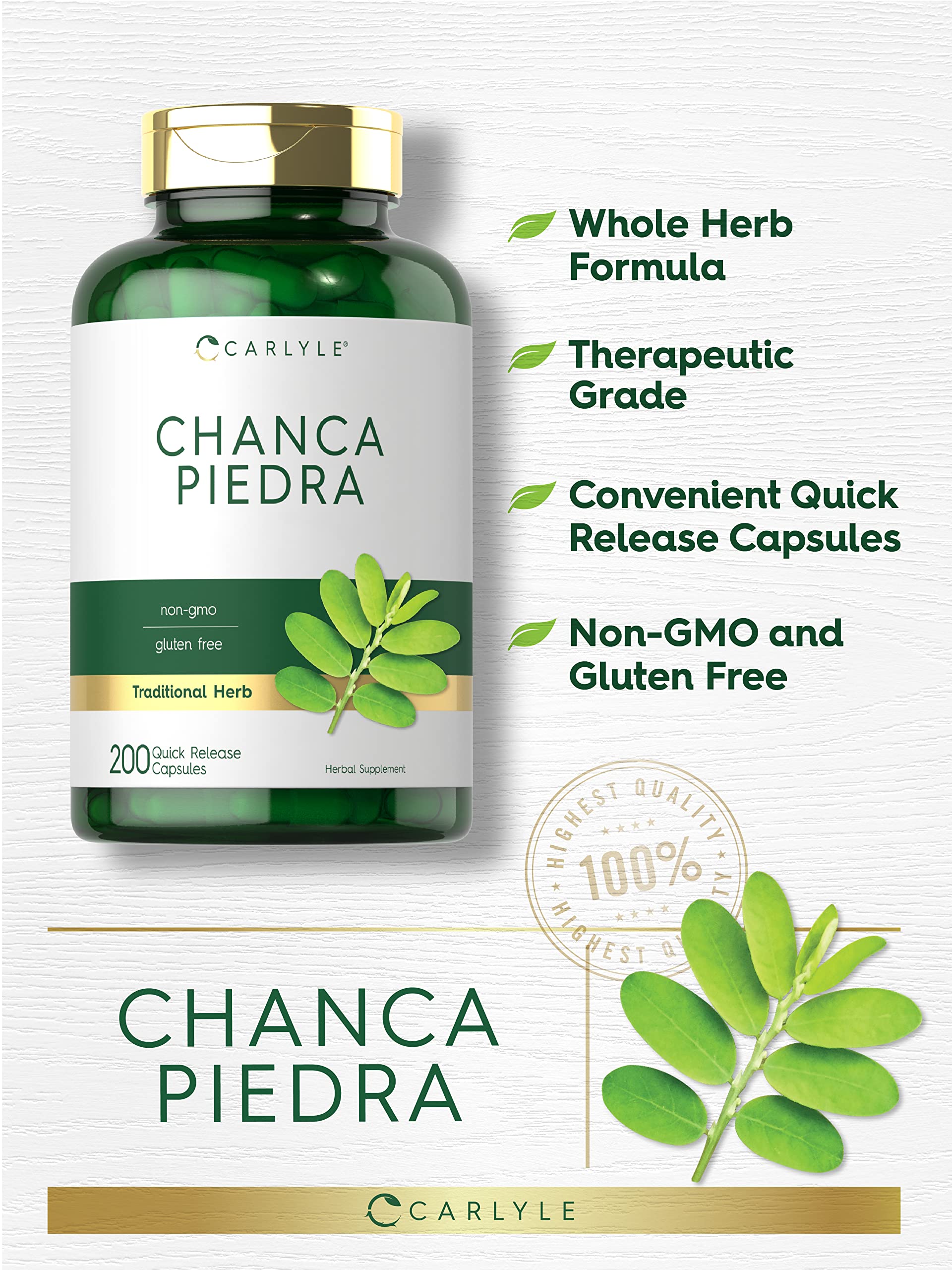 Carlyle Chanca Piedra label detail, highlights 500 mg per serving and purity.