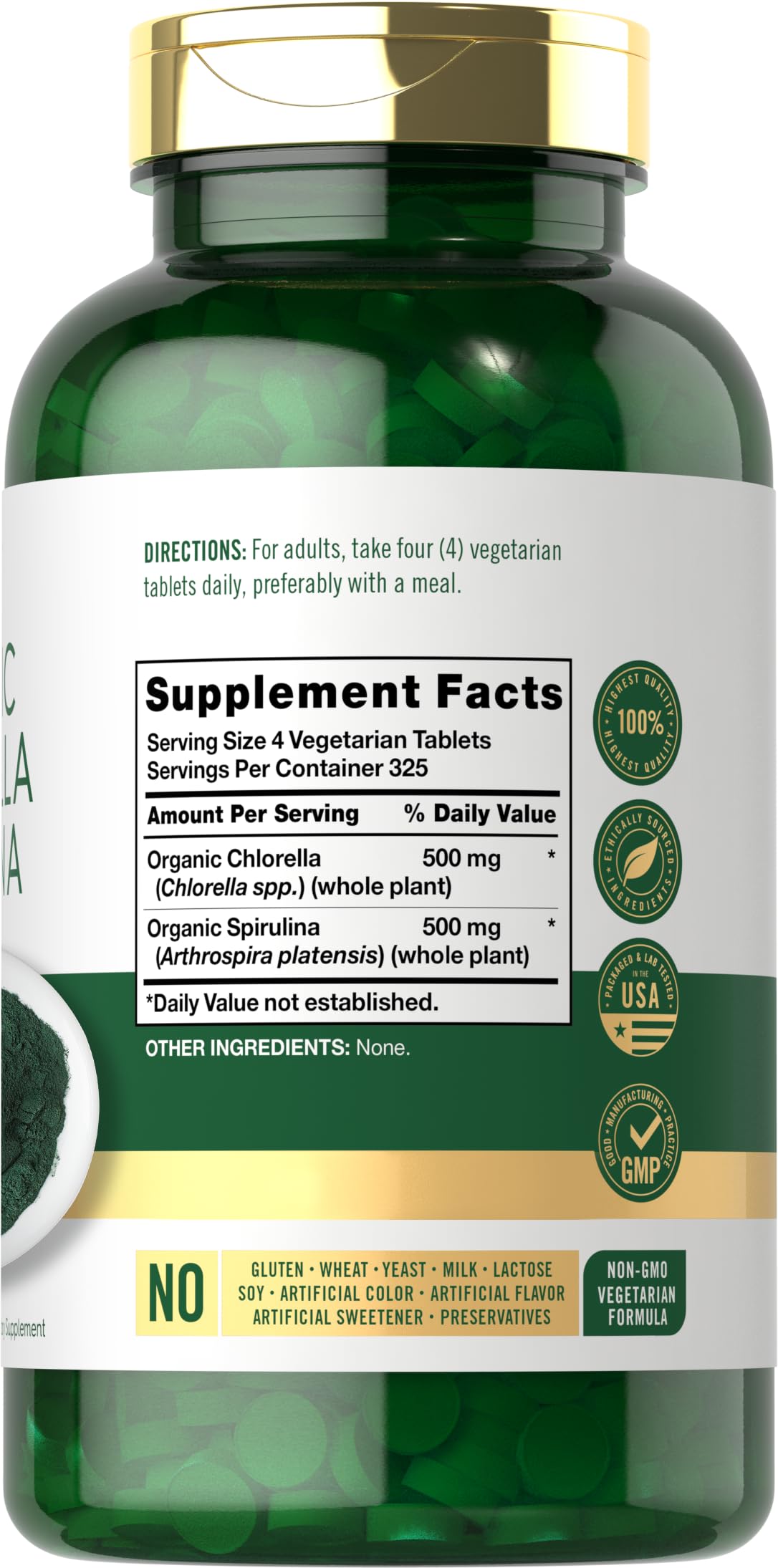 Close-up of Carlyle label on organic chlorella spirulina tablets