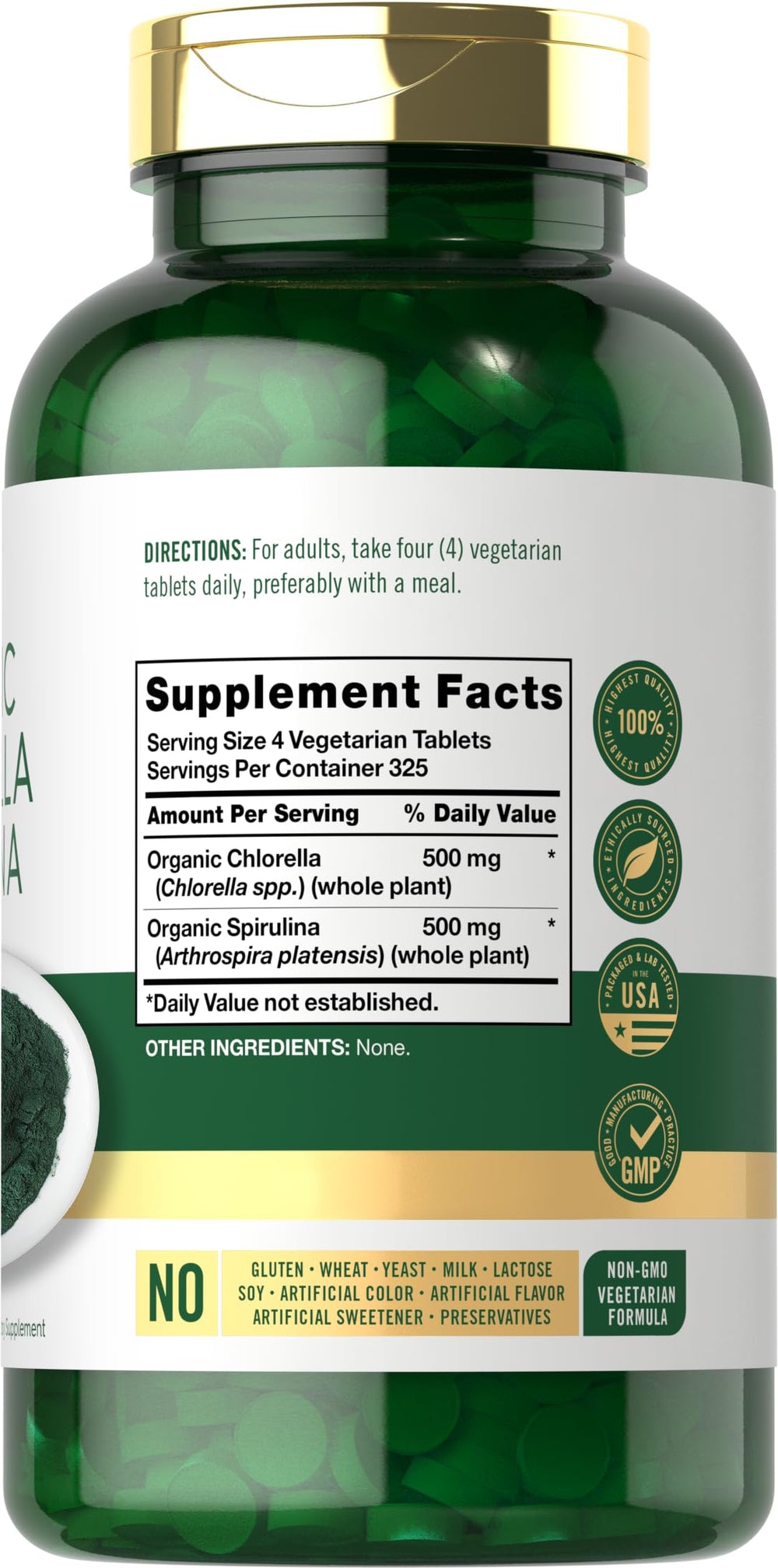 Close-up of Carlyle label on organic chlorella spirulina tablets