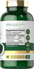 Close-up of Carlyle label on organic chlorella spirulina tablets