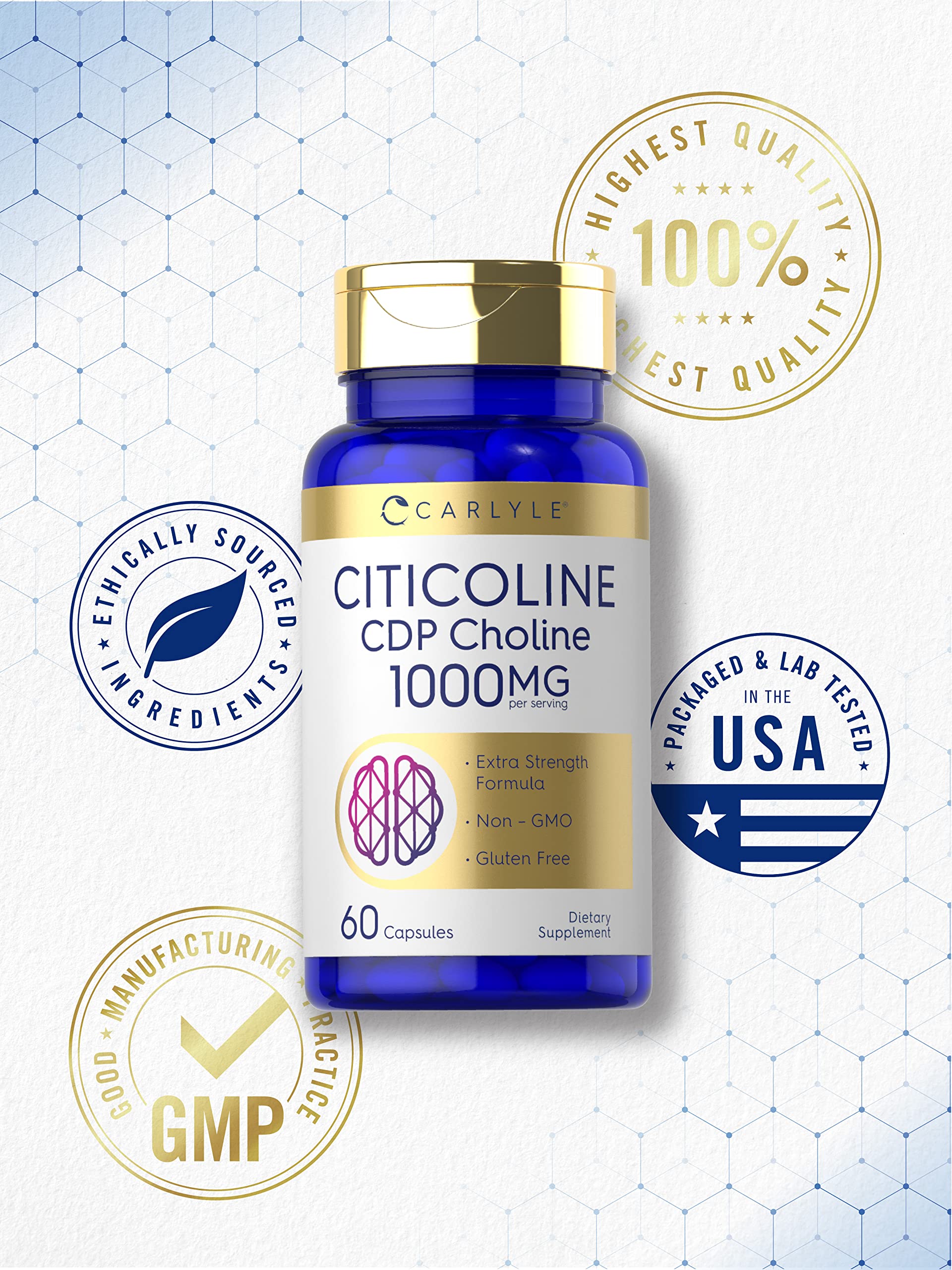 Carlyle Citicoline bottle label highlighting gluten-free and non-GMO features