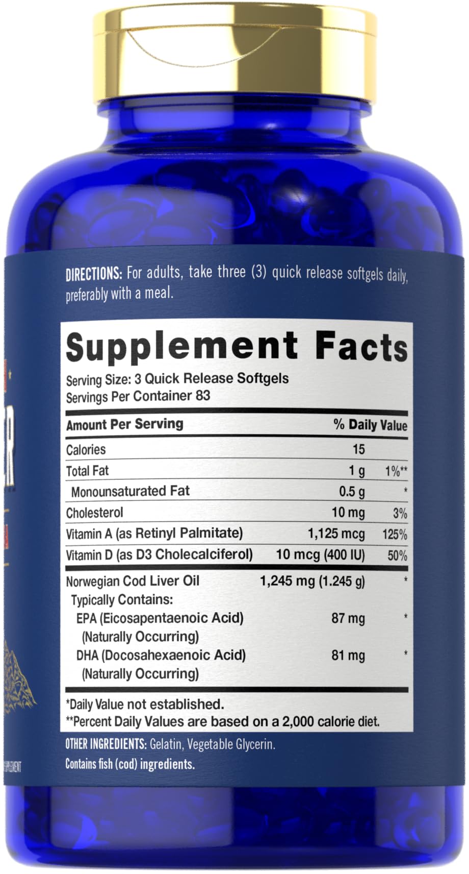 Bottle on wood featuring Carlyle cod liver oil softgels
