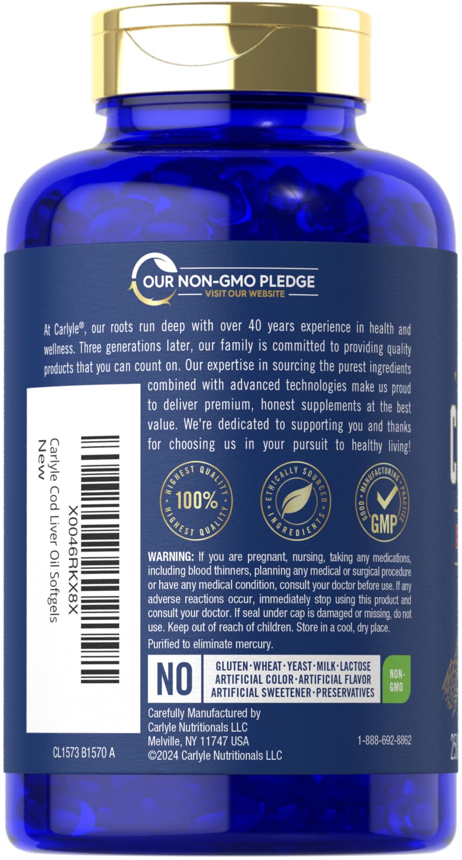 Close-up of Carlyle label highlighting non-GMO and gluten-free